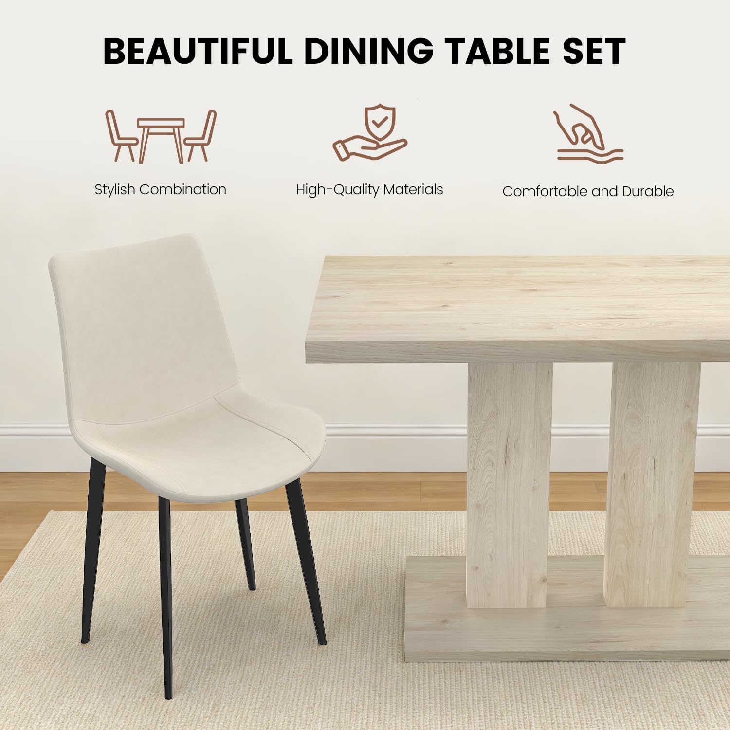 Modern 5-Piece Dining Table Set for 4, 46" Pedestal Dining Room Table with 4 Upholstered Leather Chairs, MDF Wood Finish Kitchen Table Set for Small Place, Home & Apartment, Natural