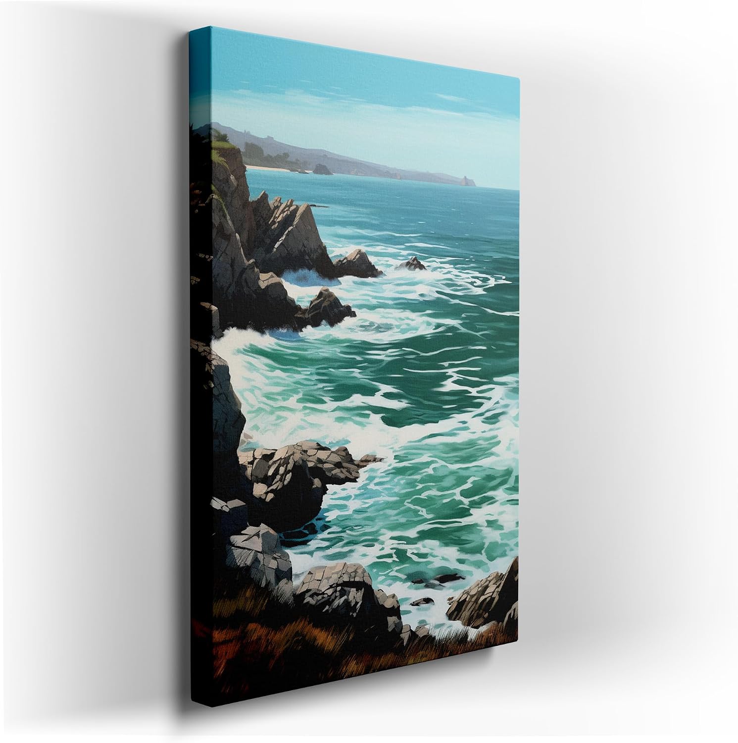 Canvas for Living room. Coastal Serenity Amidst Turbulent Waves: A Vivid Digital Seascape Masterpiece, 27 x 18 inch Canvas Wall Art - Contemporary Masterpieces - Modern Home Decor