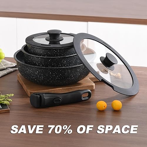 Miniatura 5 de Juego de ollas y sartenes, antiadherentes con mango desmontable, juego de utensilios de cocina de inducción con mango extraíble, utensilios de