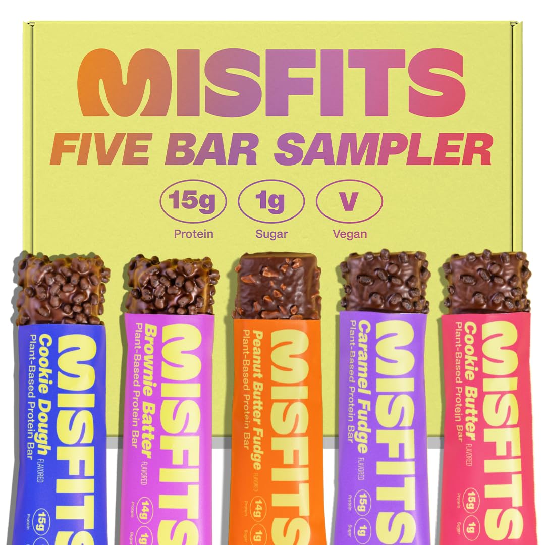 Misfits Protein Bar Variety Pack | Nutrition Bars - 14-15g Protein, 1g Sugar, Plant-based, Low Carb, Non-GMO, Gluten Free Snacks | Sample Pack of 5 - Multiple Flavors