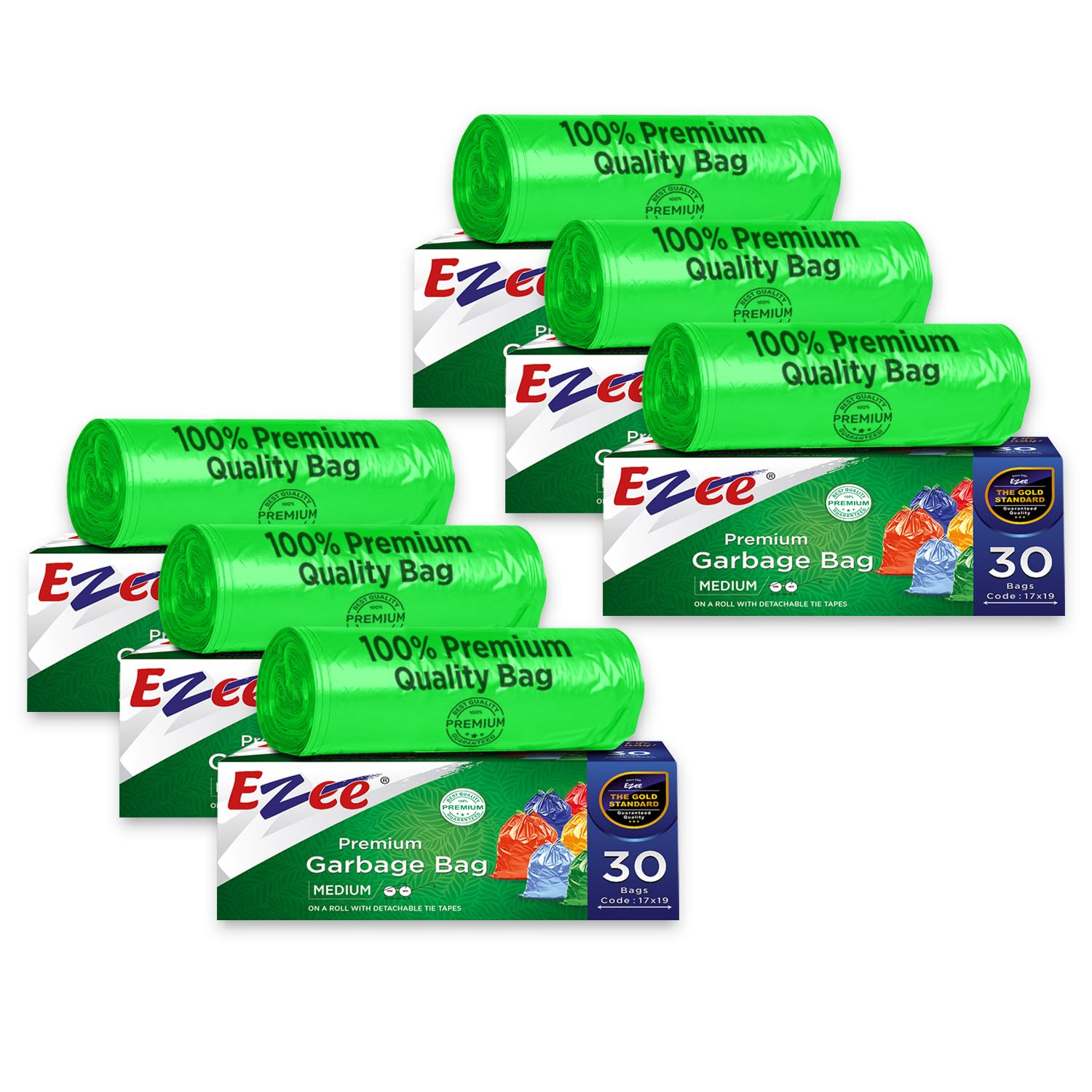 Ezee Disposable Medium Garbage Bags/Trash Bags/Dustbin Bags (19 X 21 Inches) Pack of 6 (180 Pieces) 30 Pcs Each Pack