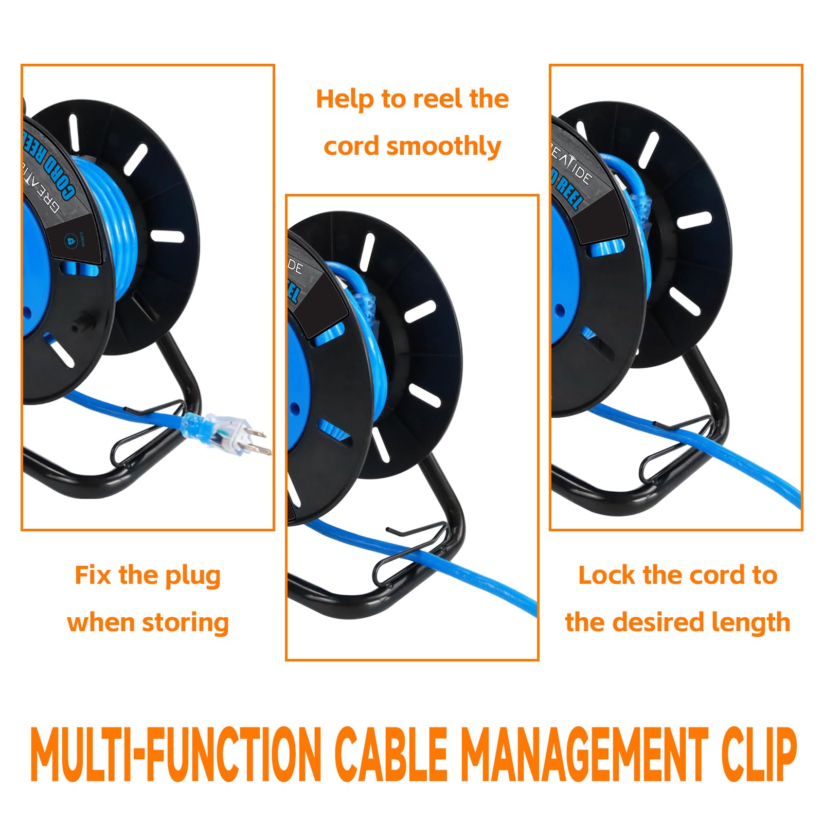Carrete de almacenamiento de cable de extensión resistente, 4 salidas a tierra, disyuntor de circuito de 10 A, interruptor de alimentación basculante, viento manual retráctil,
