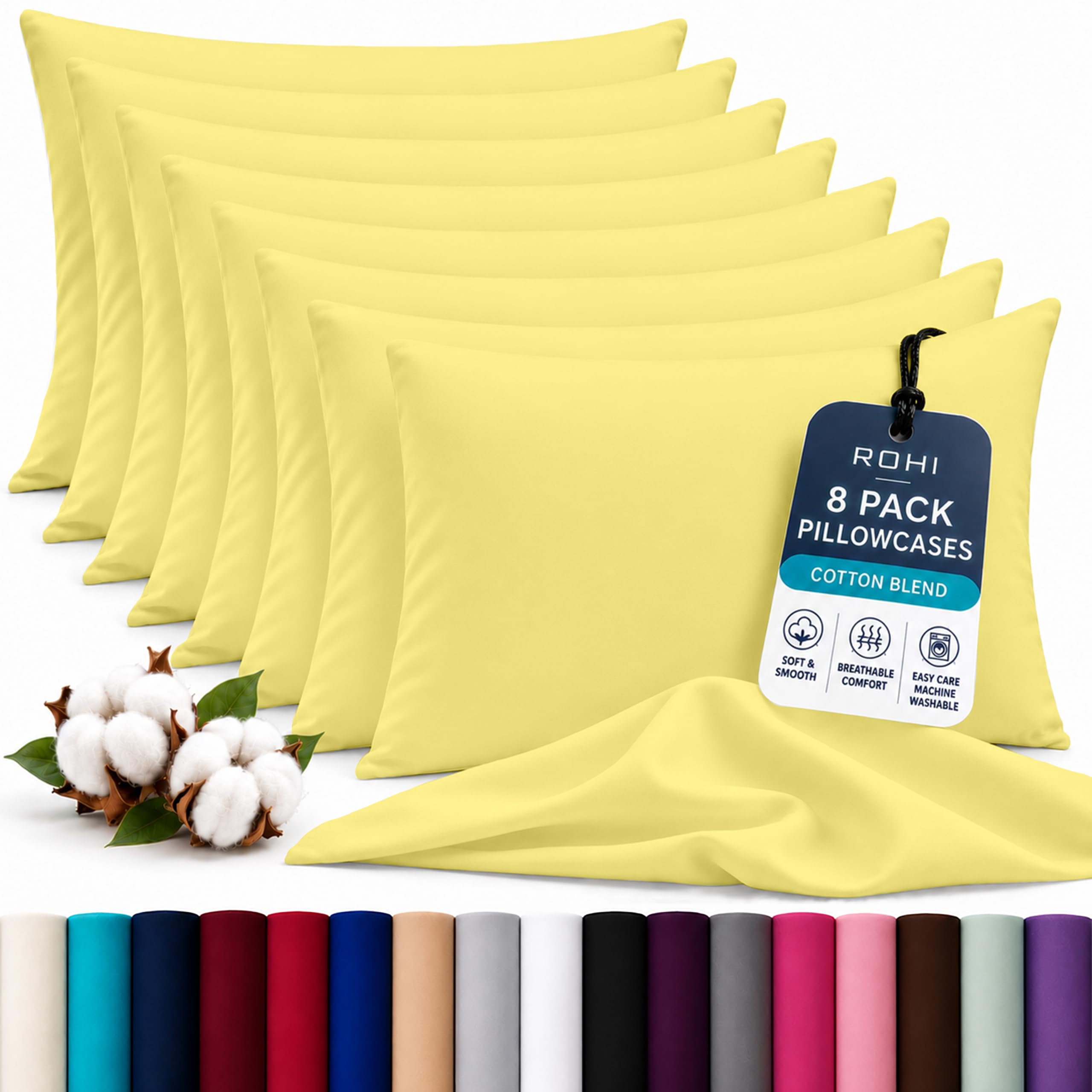 Rohi Luxury Lemon Pillowcases 8 Pack - (50×75cm) | Soft & Comfy Cotton Blend Pillow Covers with Envelope Closure | Breathable, Anti-Allergy, Fade & Wrinkle Resistant