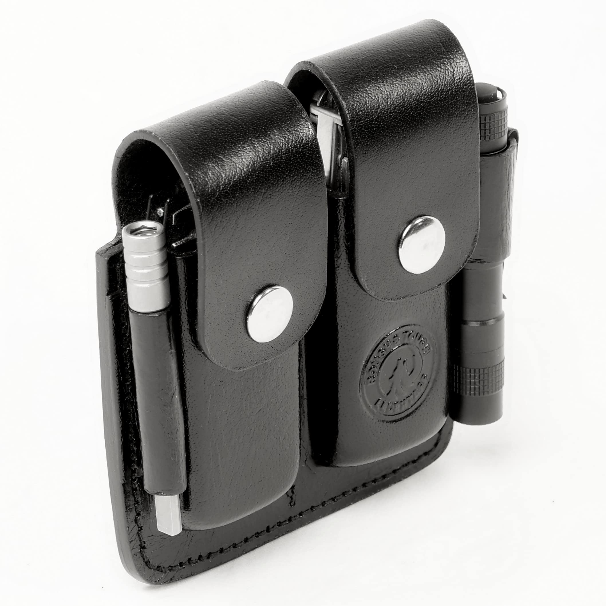 Lederholster für Leatherman und andere Multitools zum Tragen am Gürtel, Platz für Bit Kit und Extender, braun/schwarz, klein für Wave, groß für Mut