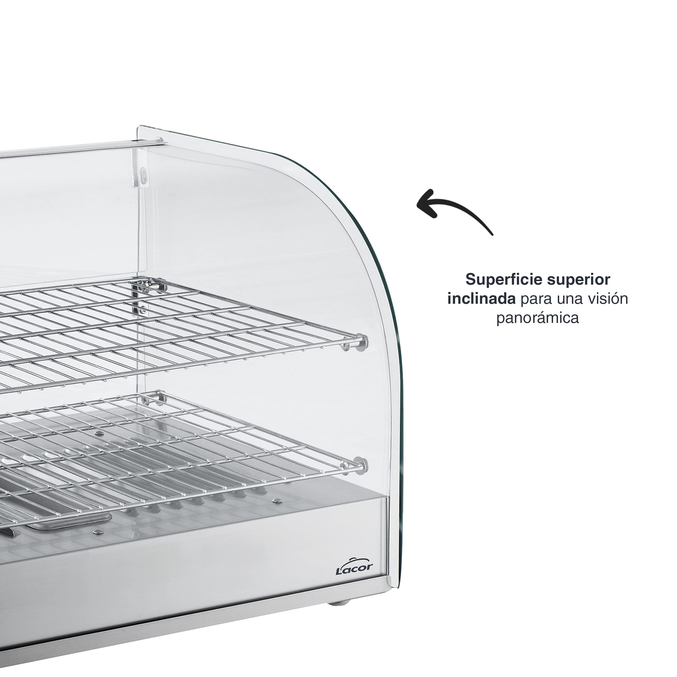 Lacor - 69604 - Vitrina Térmica, Expositor de Alimentos, Cristal y Acero Inoxidable, 800 W, Capacidad: 45 L, Termostato Regulable: 30ºC - 90ºC