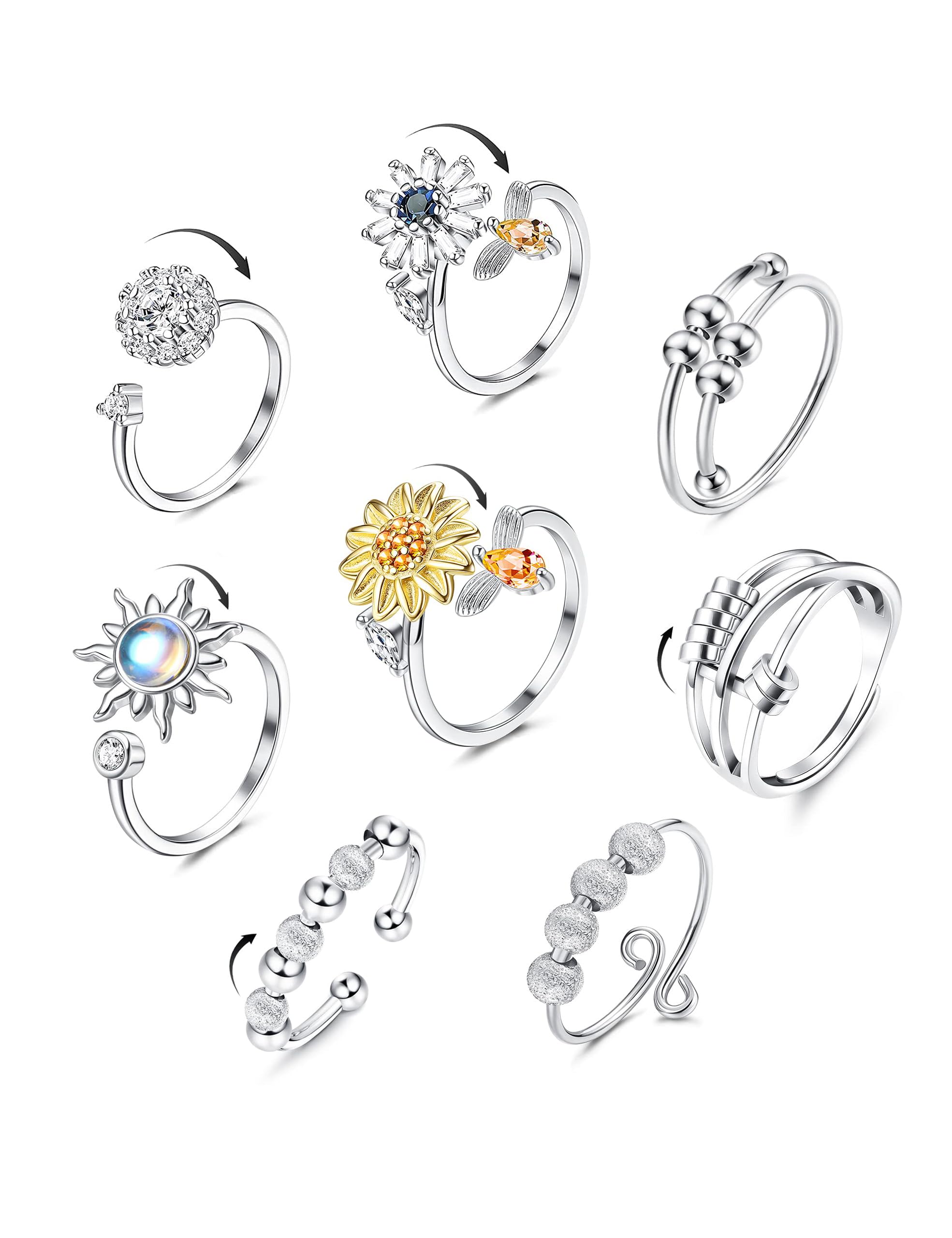 Krfy Anxiety Ring Spinner Angst Ringe für Damen Silber Fidget Ringe Sonnenblumen Set Zirkonia Zappelringe,Verstellbar Stapelbare Anti Stress Ring für Damen Tochter Geburtstags-Party-Geschenkel