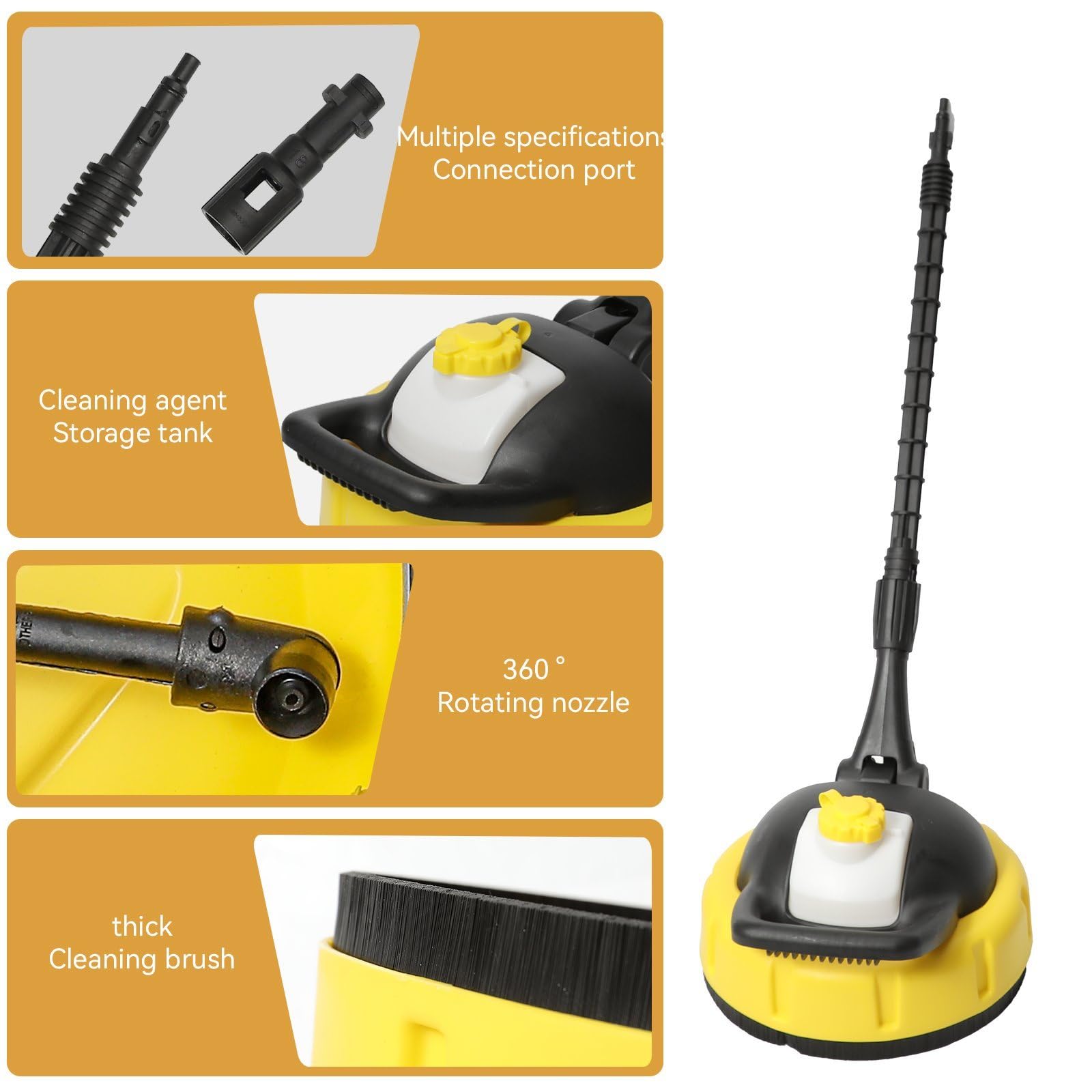 Limpiador de alta presión – Accesorio de limpieza exterior con cepillo giratorio 360°, 28 cm, mango largo y boquillas potentes para terrazas, callejones, paredes y garaje