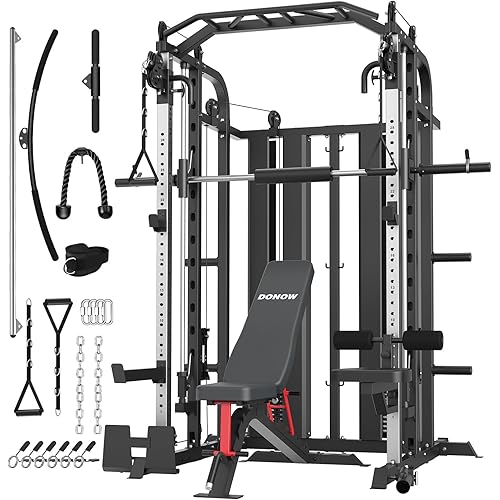 DONOW Smith Machine with Weight Stacks Power Cage Squat Rack Dual Cable Crossover Machine Home Gym Systems Station LAT Pull Down