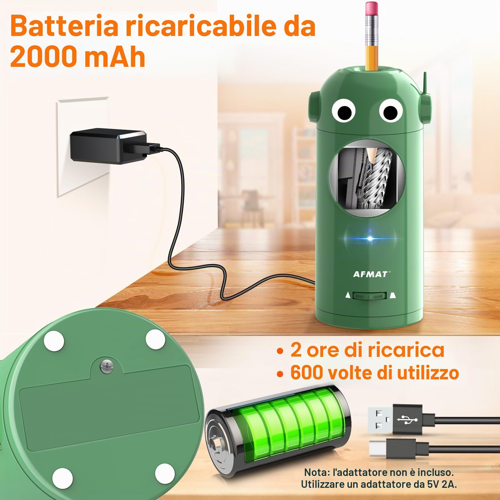 AFMAT Temperamatite elettrico completamente automatico con contenitore, temperamatite elettrico per matite da 7 a 11,5 mm, portatile e sicuro, temperamatite ricaricabile per casa, ufficio, scuola