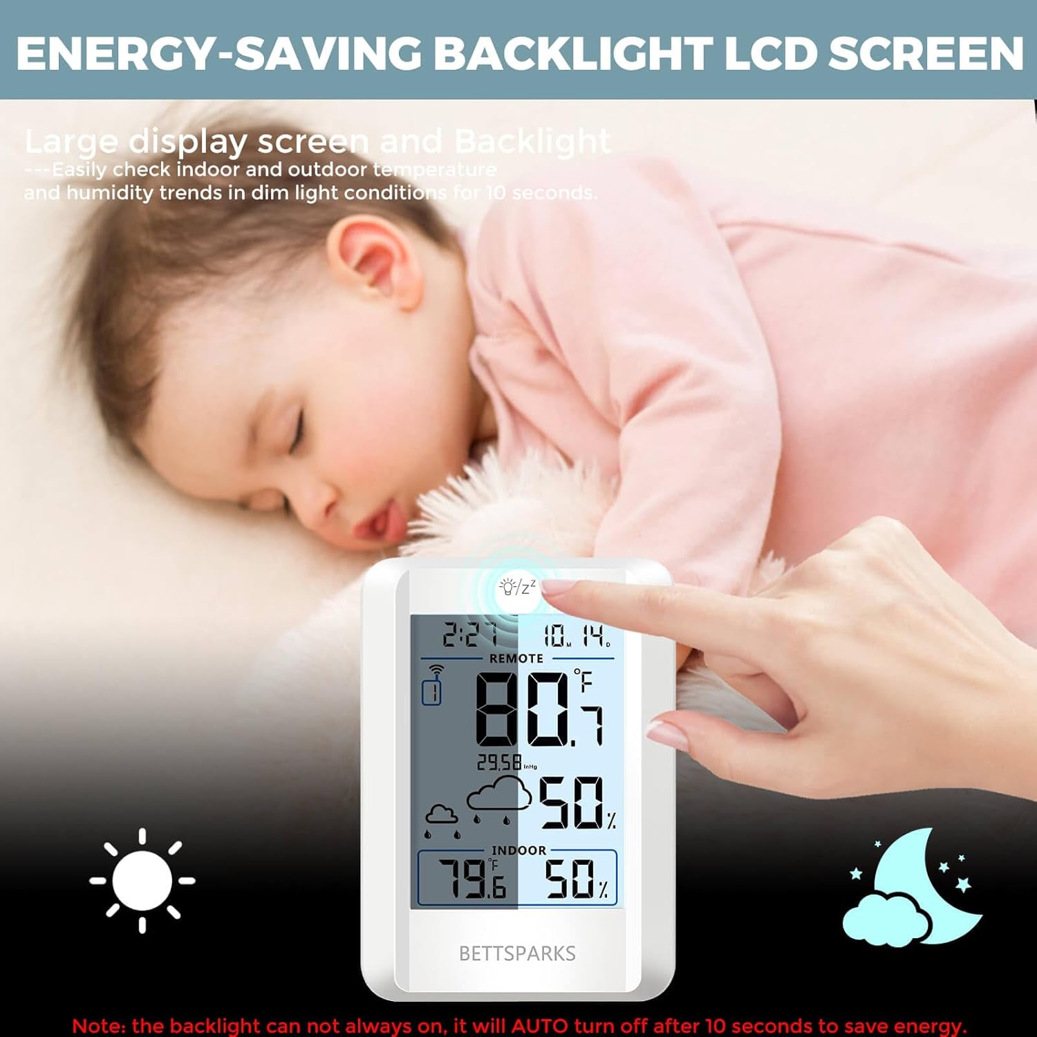 Indoor Outdoor Thermometer Wireless Weather Station with 330FT Range Remove Sensor Inside Outside Digital Hygrometer Thermometer Battery Powered Temperature Gauge Humidity Monitor with Clock&Backlight - Image 4