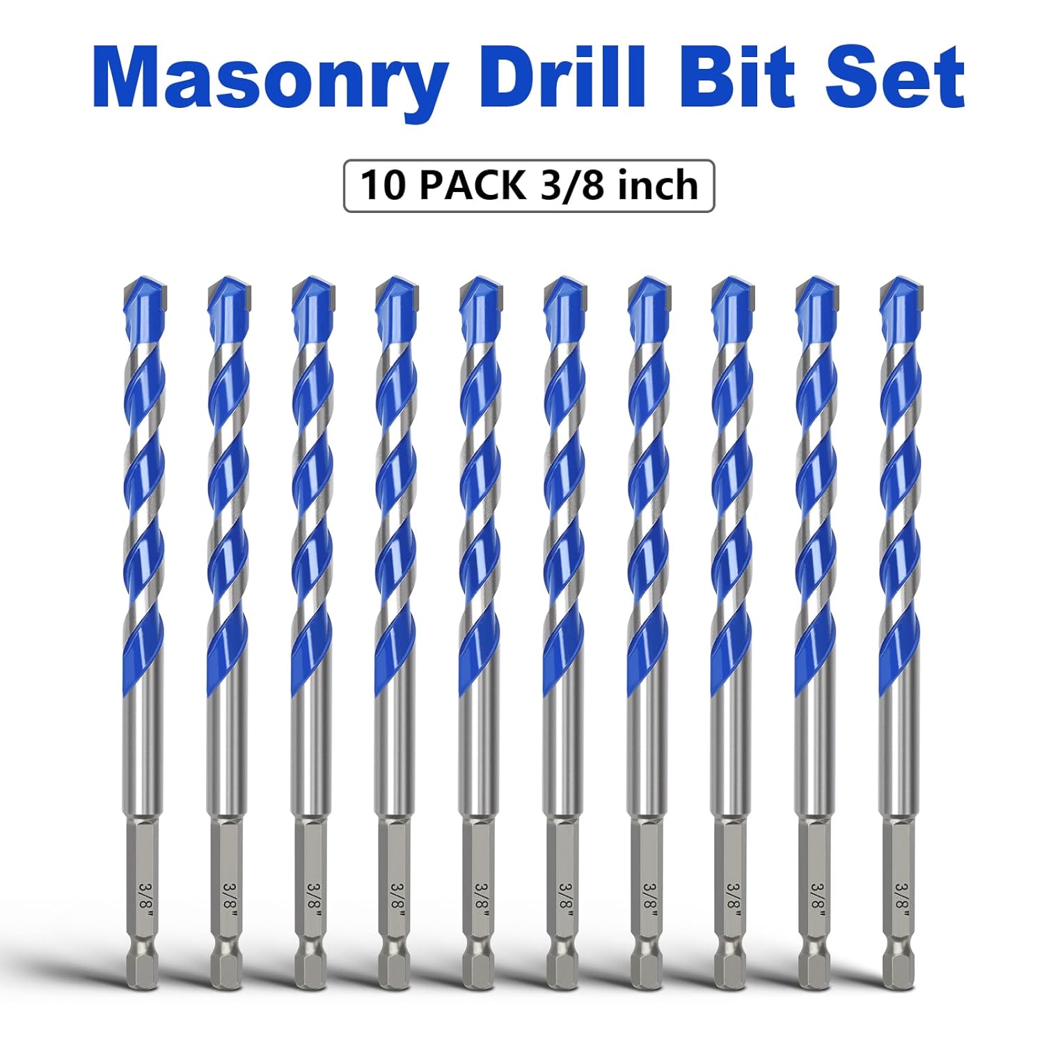 10 Pack 3/8 inch Concrete Drill Bit Set,Masonry Drill Bit Set with Hex Shank,Carbide Tip Drill Bits for Concrete,Brick, Plastic, Cement, Tile and Ceramic (3/8"（10 Pcs）)