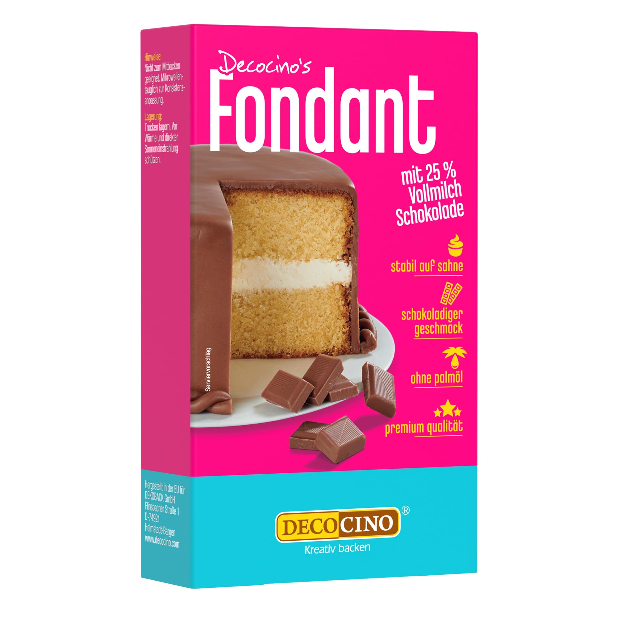DECOCINO Fondant Schoko mit 25% Vollmilch-Schokolade ohne Palmöl, reißfest & stabil auf Sahne –ideale Backdeko zum Dekorieren von Kuchen & Torten