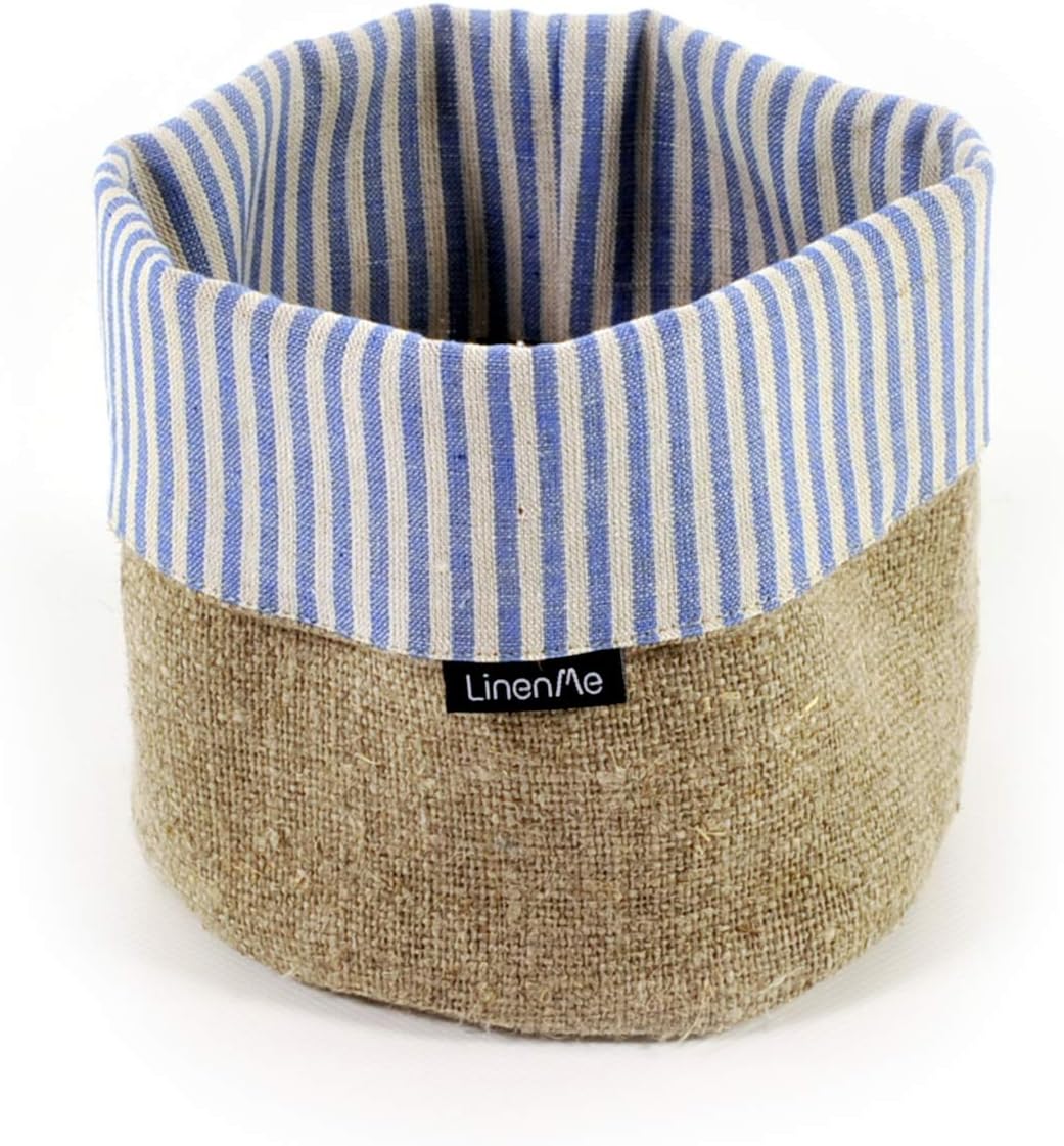 LinenMe Blue Striped Linen Cotton Basket Jazz, Large (10 x 8)