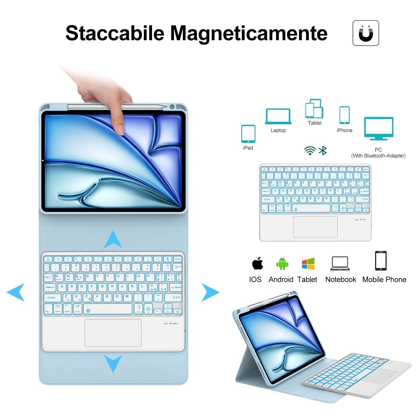 FOGARI Per iPad Air 11/ 5ª/4ª generazione e iPad Pro 11 Cover Tastiera | Tastiera Bluetooth Rimovibile con Retroilluminazione 7 colori e Touchpad per iPad Air 11 M4 2026/M3 2025/M2 2024, Azzurro
