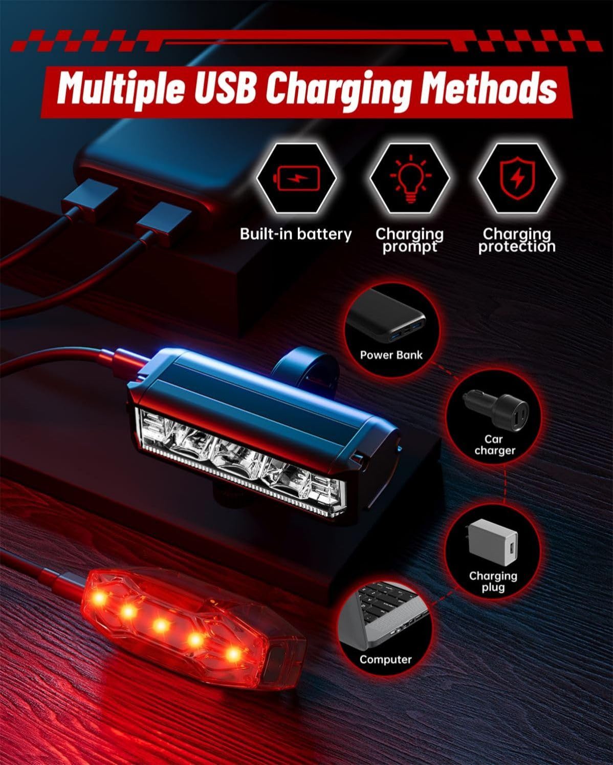 POSUGEAR Luci Bicicletta LED Accessori, Luce Bici Ricaricabili USB Anteriore e Posteriore, IPX5 Fanale Bici Torcia per MTB Corsa Monopattino Elettrico Ebike Adulto