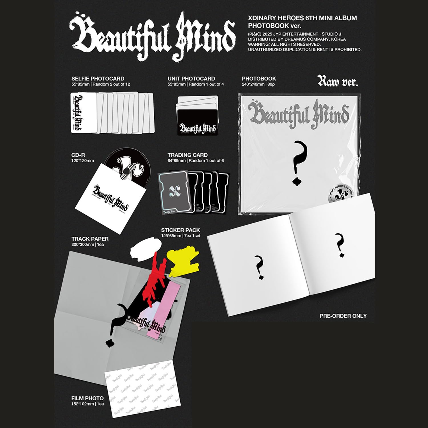 Xdinary-Heroes - 6th Mini Album [Beautiful Mind] (Photobook - Raw Ver.) Photobook + Photocard + Trading Card + Track Paper + CD-R + Film Photo + Sticker Pack + 4 Extra Photocards