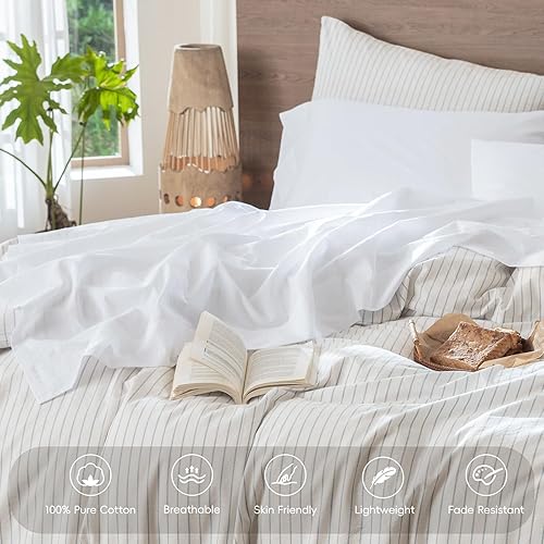 Miniatura 4 de MooMee Juego de sábanas 100% algodón lavado con textura parecida al lino, transpirable, duradero, suave, cómodo (blanco brillante, King)
