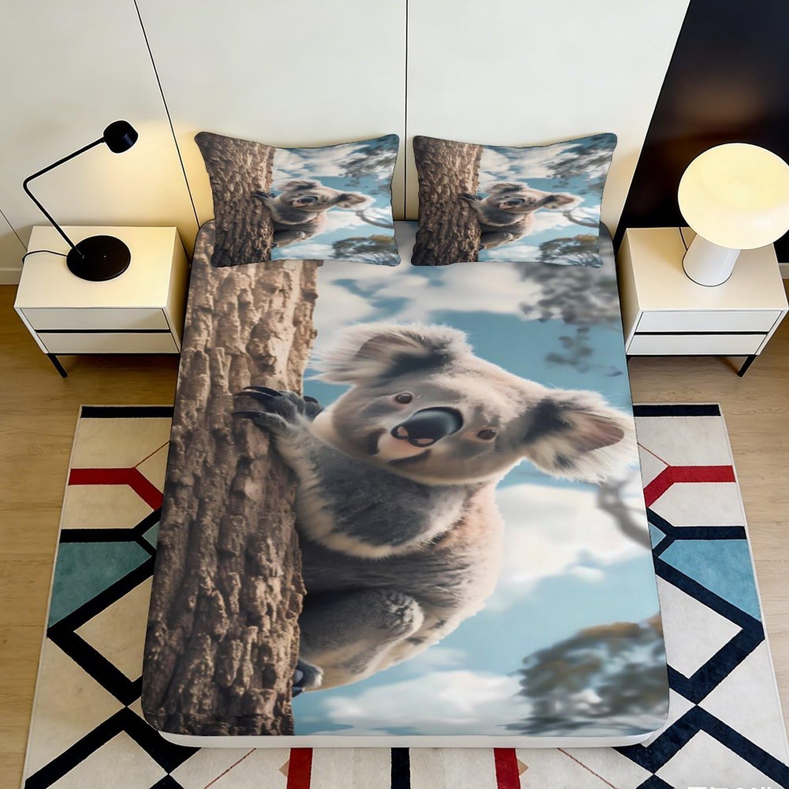 3D Printed Koala Tree Fitted Sheet Microfiber Soft Breathable Cartoon Animal Mattress Cover for Bedroom Guest Room Decor 90x200x25cm