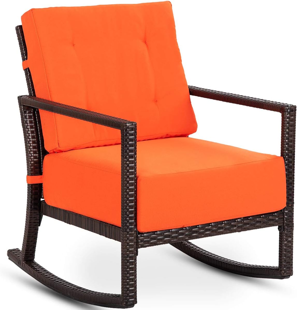 Tangkula (Orange) Rocker, Outdoor Patio Rattan Wicker Rocking Armchair Chair Furniture W/Cushion