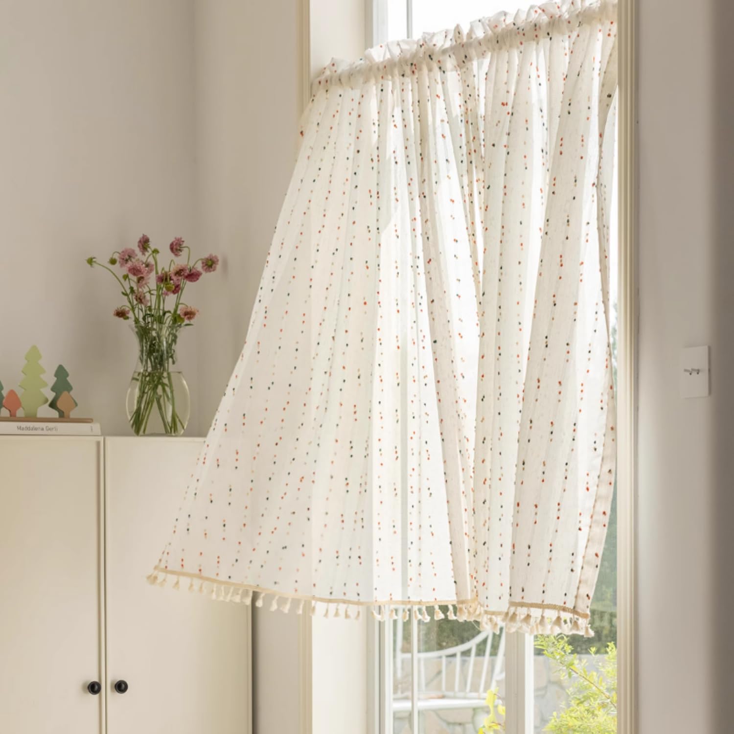 Cantonnière transparente arc-en-ciel en faux lin blanc de 99x119 cm pour décoration de fenêtre