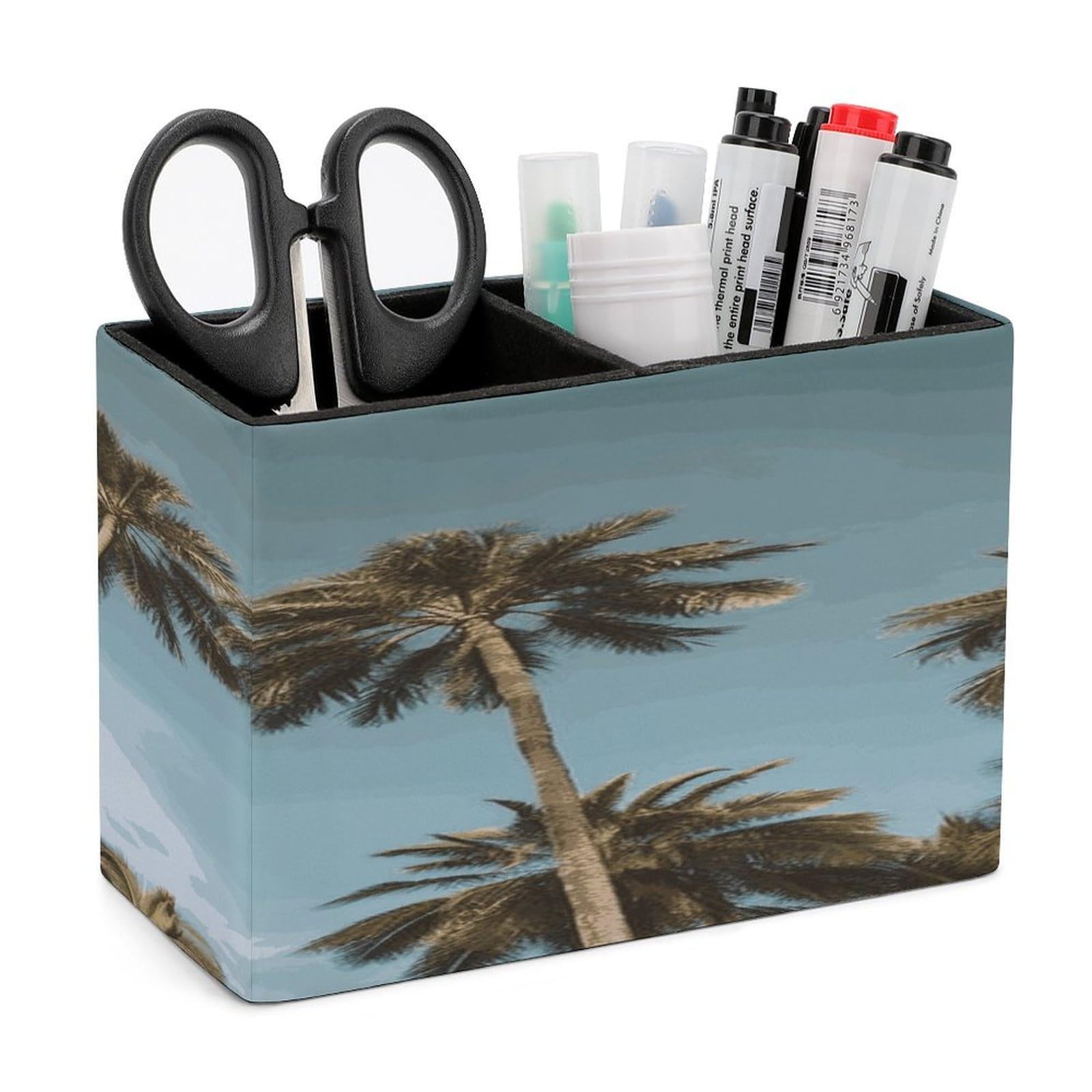 VstaDank Tall Tropical Palm Trees Pencil Holder for Desk(Double Slots) Fashion Leather Pencil Cup Simple Rectangular Shape Pen Holder Multi-Functional Pen Cup for Home Office Supplies Storage