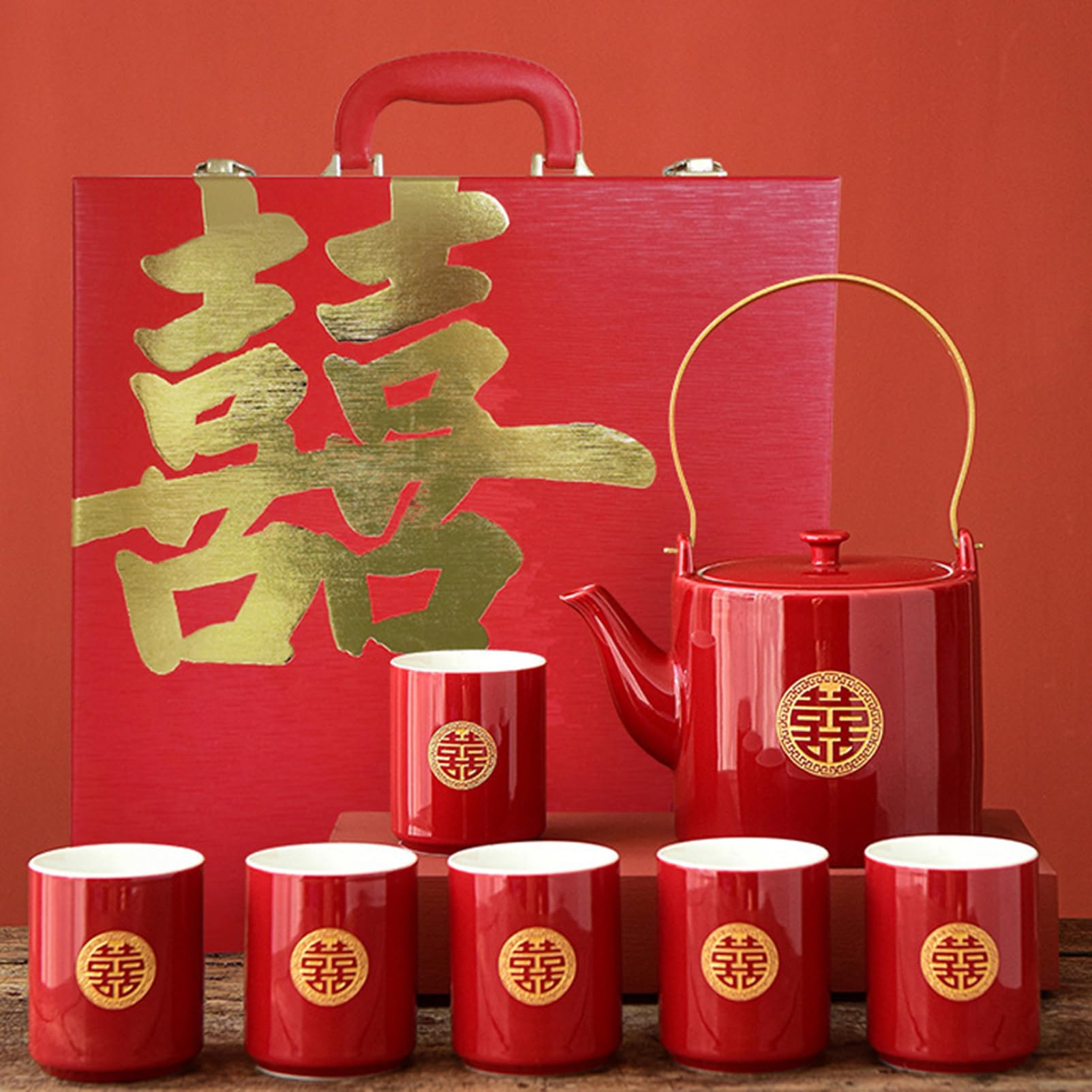 Service à thé traditionnel chinois rouge de prestige en porcelaine fine pour jeunes mariés