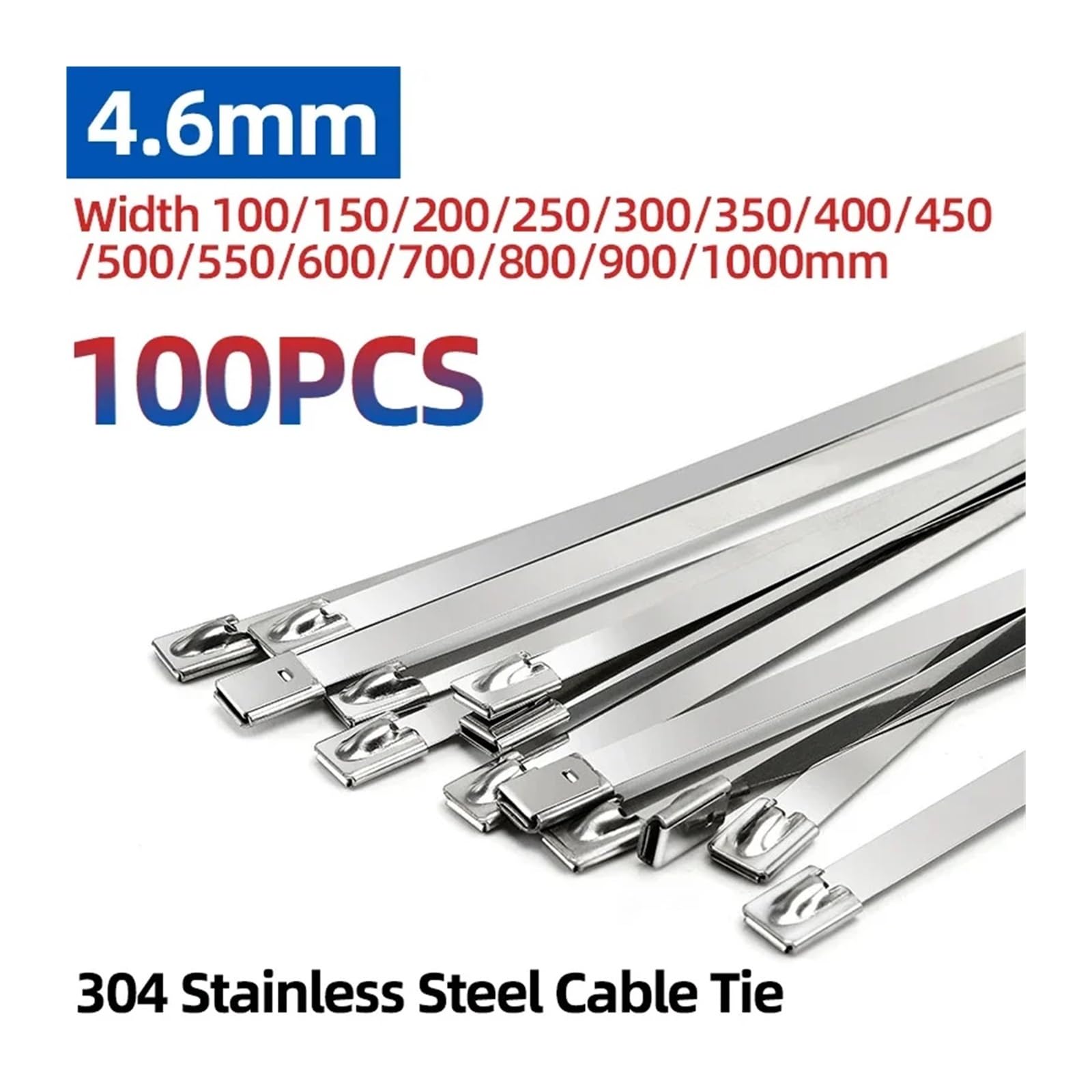 LYVQZPWLRcâble en acier inoxydable, Lot de 100 colliers de serrage métalliques en acier inoxydable 304, largeur 4,6 mm, 100 à 1000 mm, avec revêtement for échappement, multi-usages(4.6x100mm)