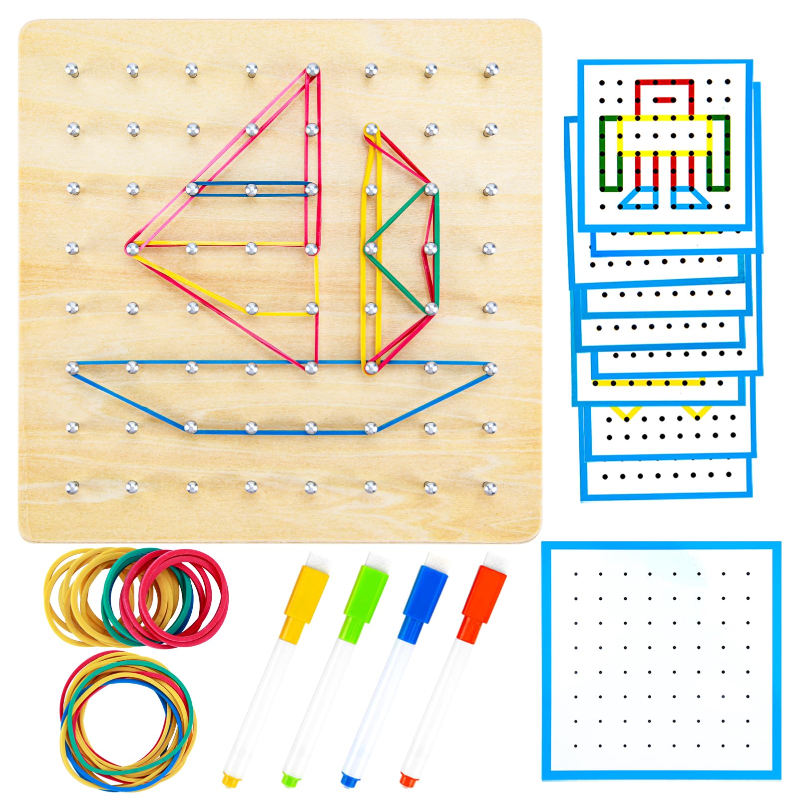 HEELWIRE Wooden Geoboard, Montessori Educational Toy for Kids with Pattern Cards and Rubber Bands to Figures and Shapes, Brain Teaser STEM Geo Board