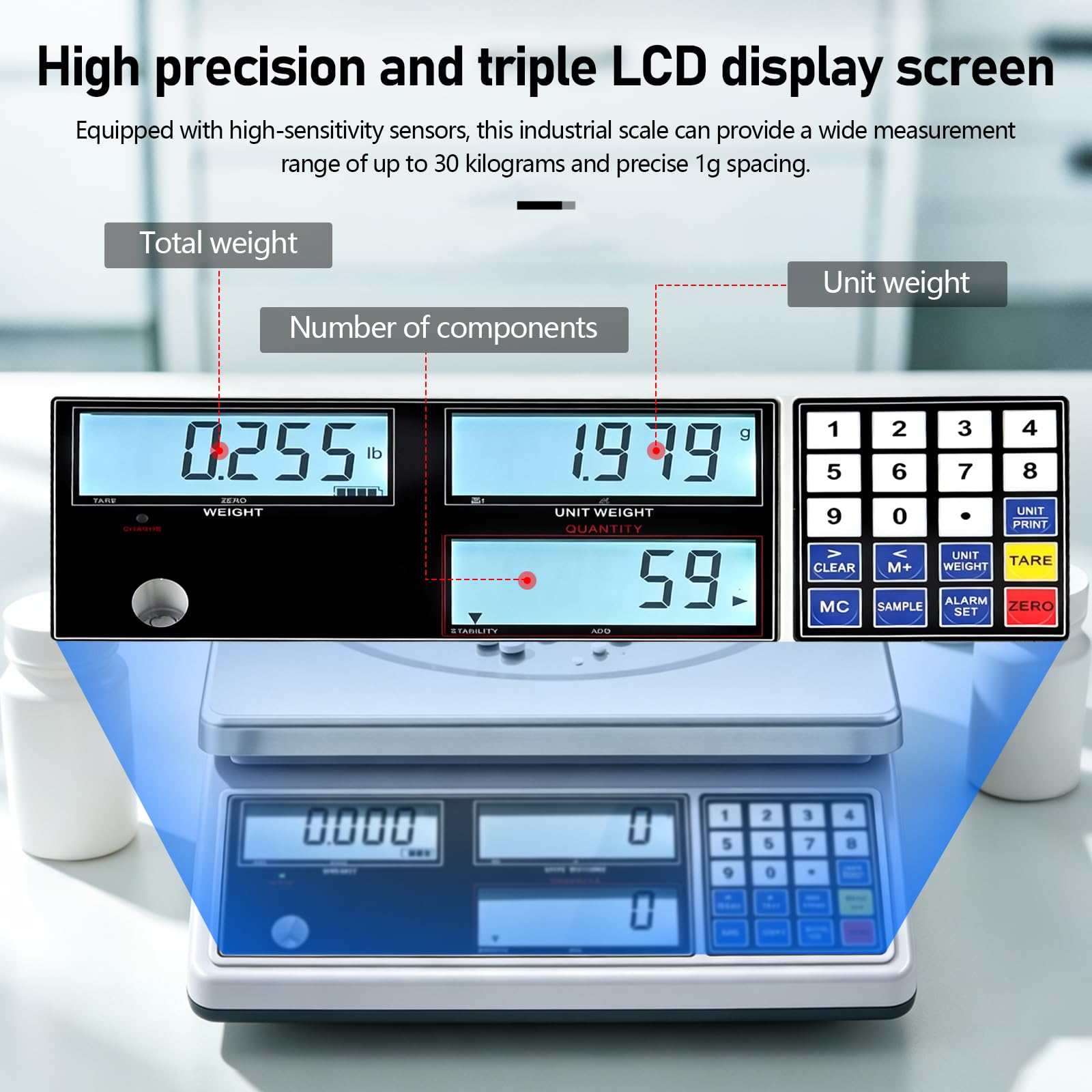 Balance Compteuse 30kg 1g, Balance Industrielle de Précision avec Interface RS232 et Alarme de Limite Balance Digitale de Table pour Inventaire Laboratoire et Atelier g lb kg sans Batterie