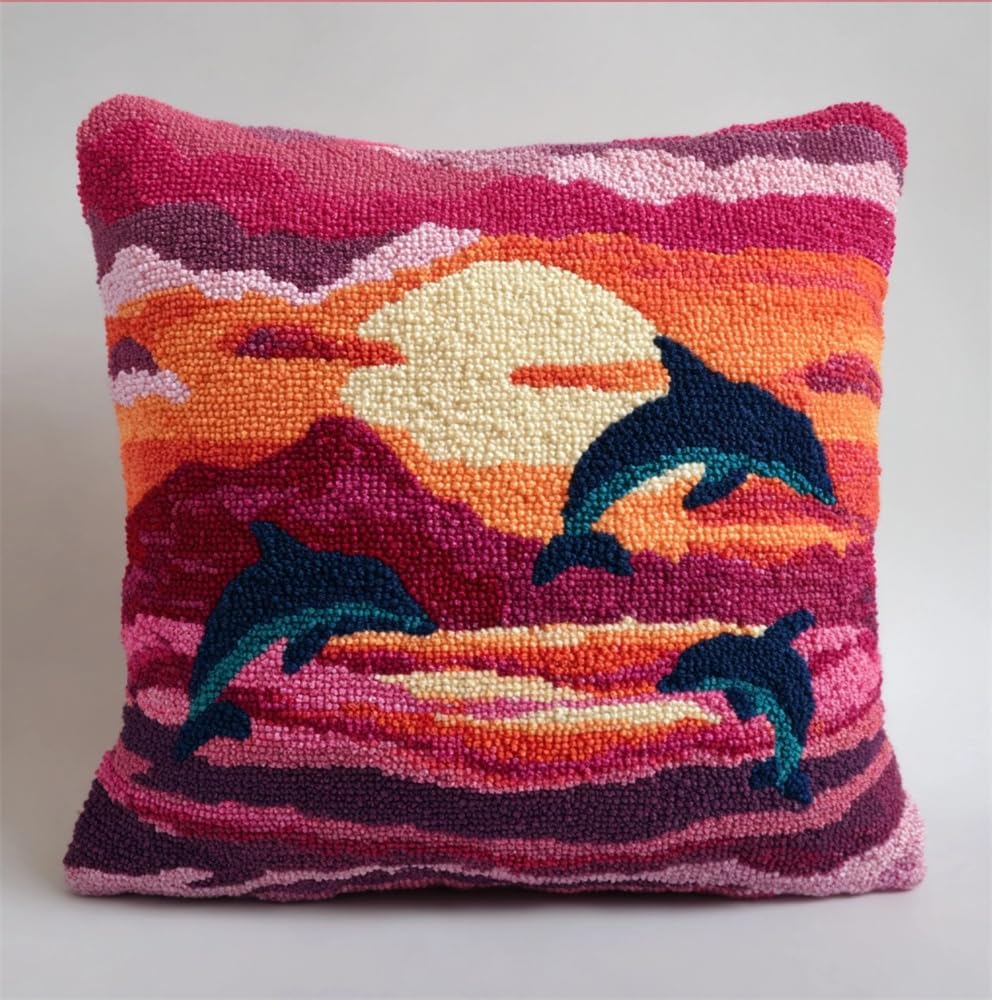 kitphoenix DIY Latch Hook Kits, Pink Sunset and Dolphins 3D Pillow Materials Package Latch Hook Embroidery Kits Cross Stitch Sofa Cushion Cover with Tool Fit for and Adults 17X17Inch