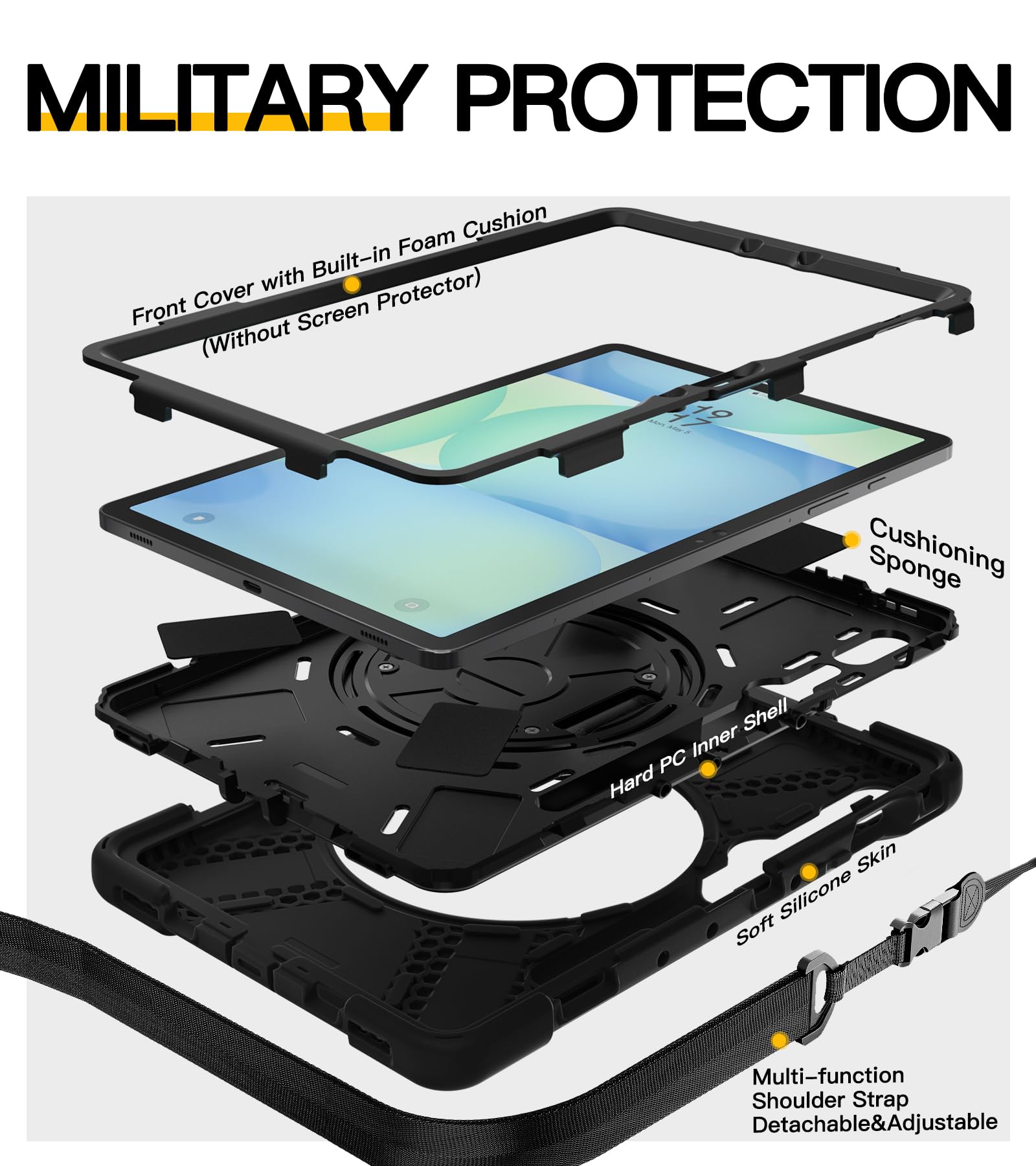 BRAECN Custodia per Galaxy Tab S9/S8/S7 da 11 pollici 2023/2022/2020, custodia protettiva in silicone resistente agli urti con cavalletto, tracolla, porta penna S per Galaxy Tab S8 SM-X710/X716-nero