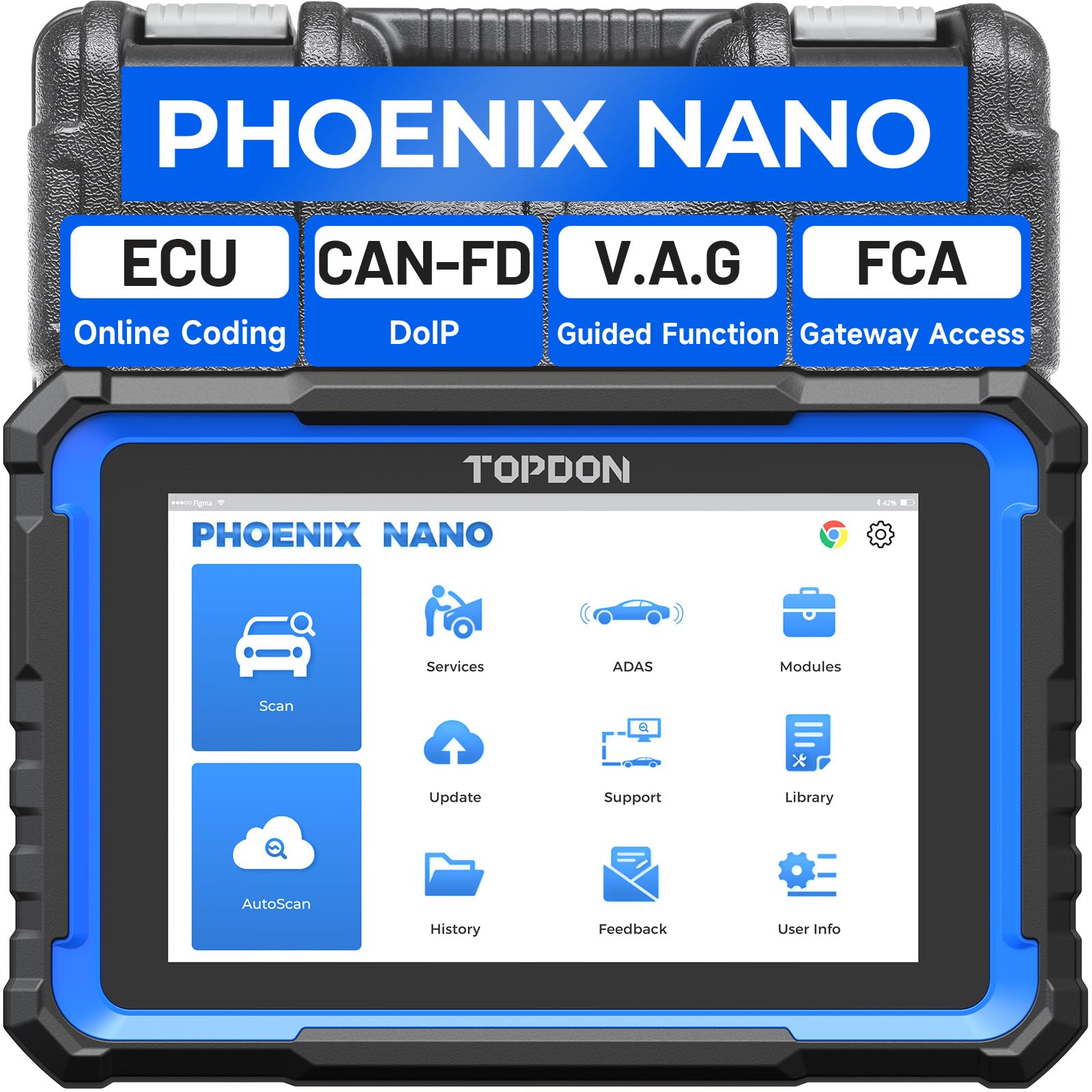TOPDONPhoenix Nano OBD2 Diagnostic Tool for All Vehicles, ECU Coding, All System Diagnostics, Bidirectional Control, 32+ Reset Services, CAN FD & DoIP