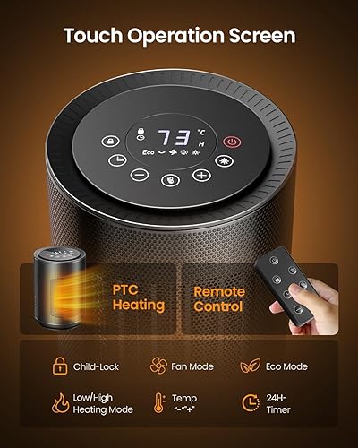 Miniatura 4 de Calentadores de espacio pequeño para uso en interiores, mini ventilador eléctrico portátil con termostato y control remoto, pantalla táctil LED,