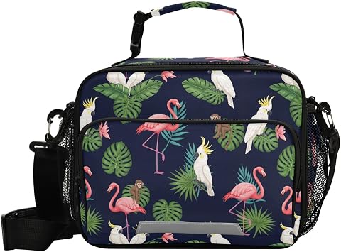 Sinestour Flamingo Monkey Parrots Leaves Insulated Lunch Bag with Adjustable Shoulder Strap Removable Reusable Cooler Bag for Women Men Boys Girls Reusable Tote Lunch box for Picnic School Work