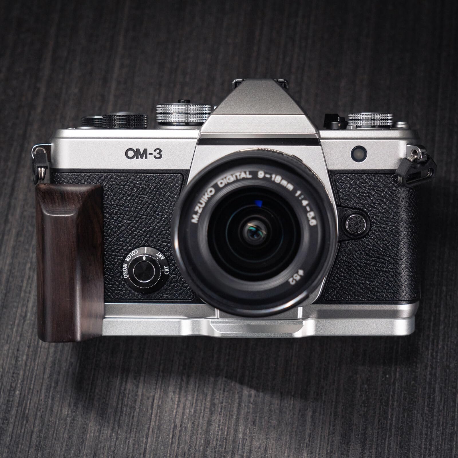 Handmade Wooden Handle Grip L Plate Alloy Base for OM System OM-3 Camera (Ebony + Silver Base)