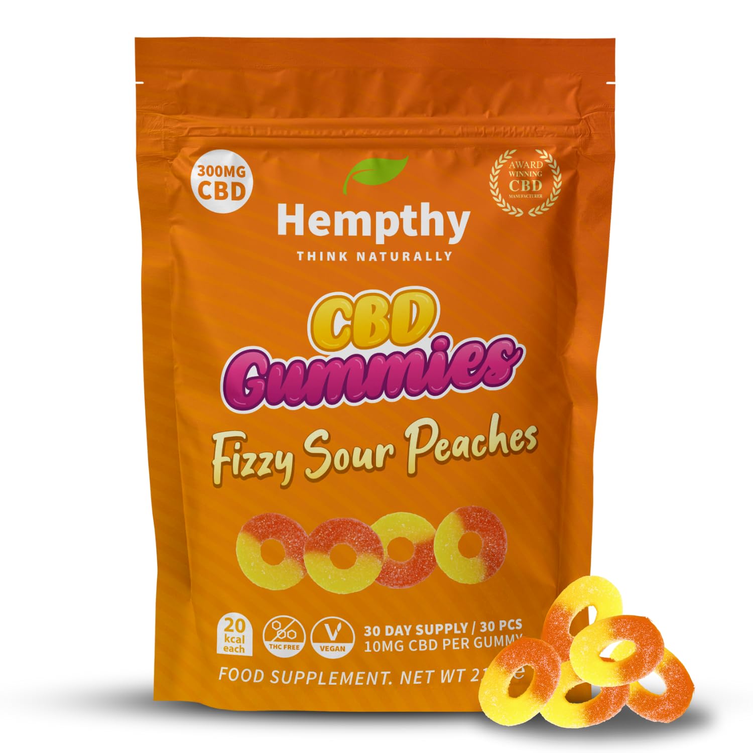 CBD Gummies - 300mg Total Cannabidiol, THC-Free Edible Gummies, High Strength Hemp Gummy Sweets for Pain Relief, Stress & Better Sleep - Fizzy Sour Peach Rings CBD Gummy Sweets by Hempthy