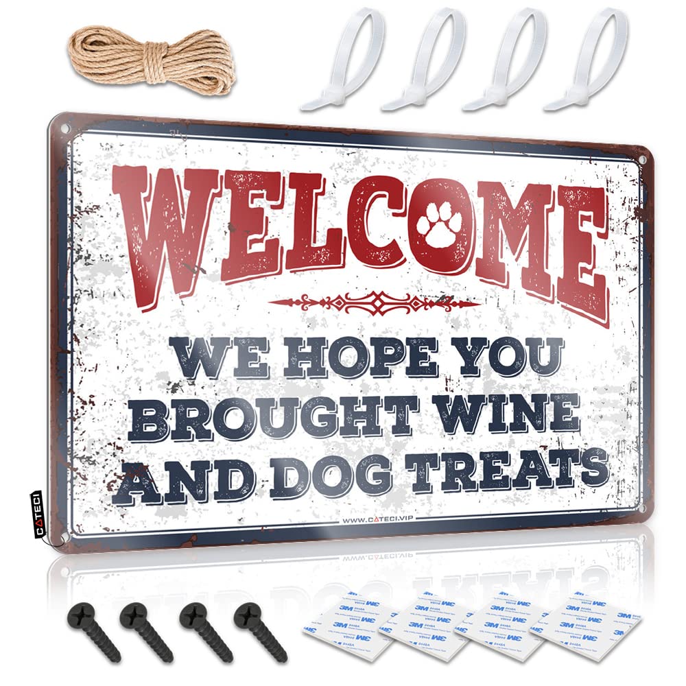 HELIOFORGE Funny Sign Decor We Hope You Brought Wine And Dog Treats Sign Bar Sign Metal Funny Signs For Home Bar(30X40CM)