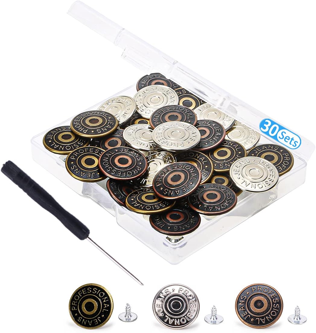 30 Sets Jeans Replacement Buttons 17mm Jean Buttons Replacement Kit with Rivets and Metal Base in Storage Box (Bronze,Silver,Copper)