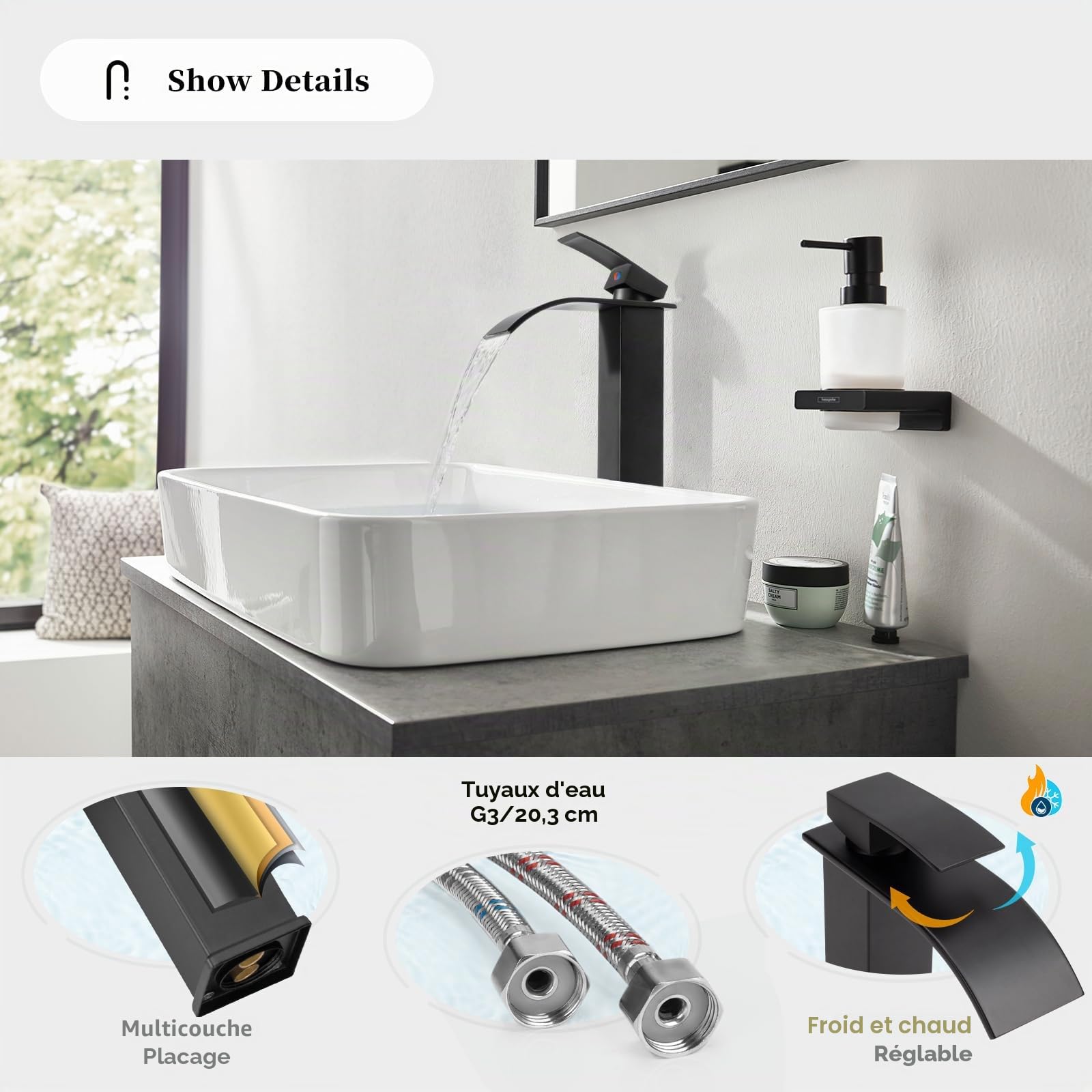 Mitigeur Lavabo Robinet Lavabo Salle De Bain Moderne Robinet Lavabo Noir Cascade Robinet Salle de Bain avec Hauteur 300 MM Mitigeur Monocommande Lavabo Eau Chaude et Froide Disponible (Noir)