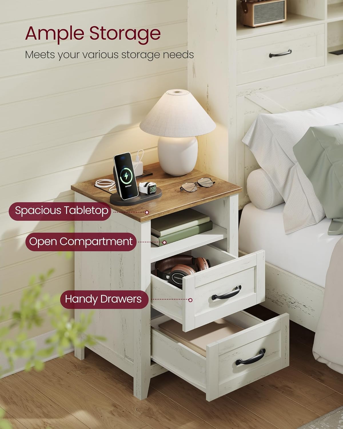 VASAGLE LIRY Collection - Farmhouse Nightstands with Charging Station, Set of 2 Bedside Tables, Side Tables with 2 Drawers, Open Compartment, for Bedroom, Rustic White and Honey Brown ULET869W01 - Image 6