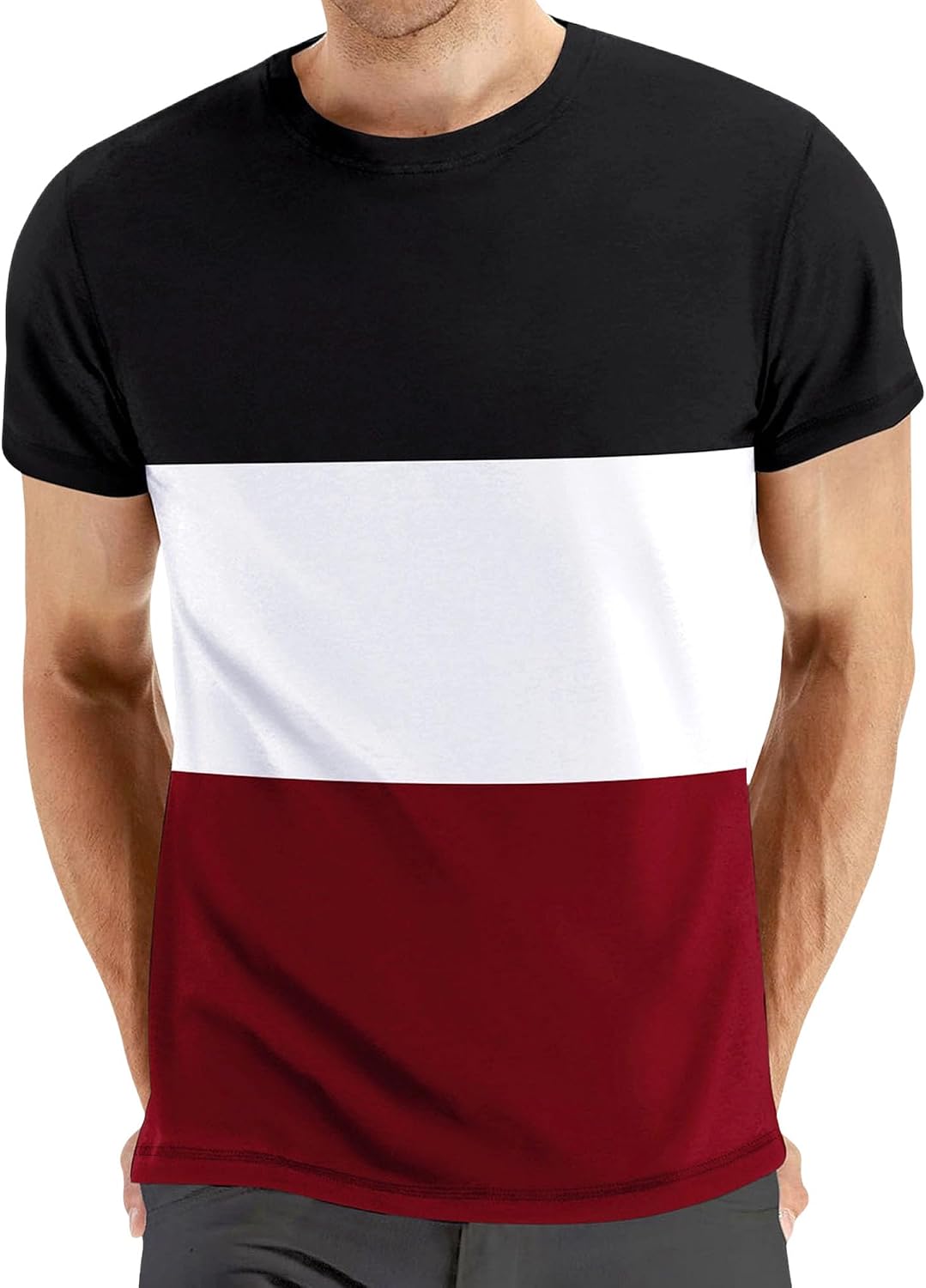 Men Summer Color Block Athletic T Shirt Round Collar Short Sleeve Cozy Shirt Classic Daily Wear Street Pullover Top