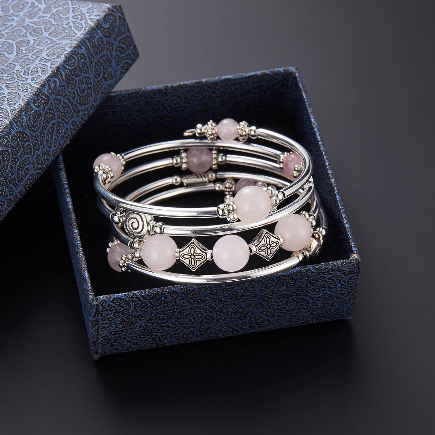 Beaded Pearl Bangle Wrap Bracelet - Fashion Bohemian Jewelry Multilayer Charm Bracelet with Thick Silver Metal Beads, Gift For Women - Image 5