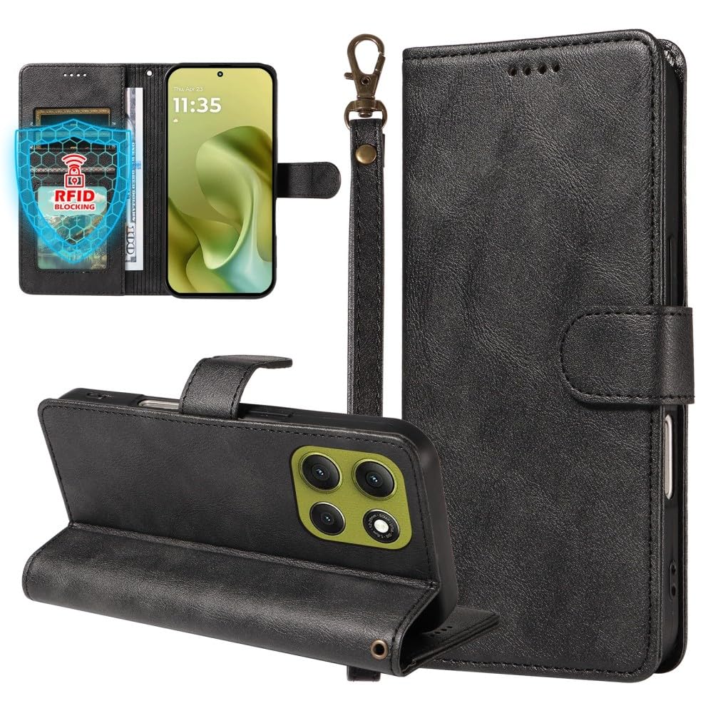 Funda Moto G35 5G anticaídas con tapa tipo libro negra y soporte horizontal 8