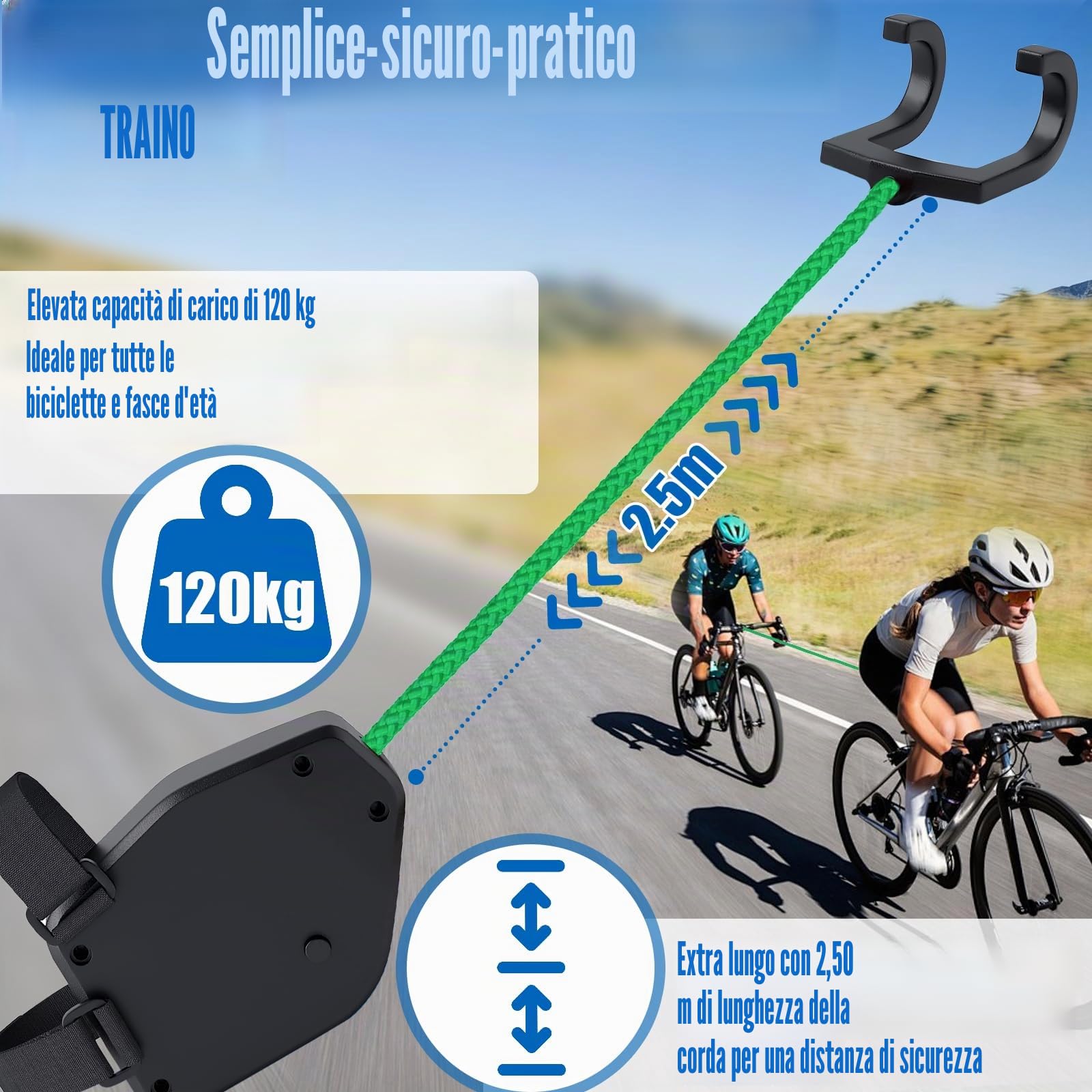 Corda di Traino per Biciclette per Bambini 2.5M Fune Traino Bici Bambino Extra Robusta Leggera Bar Trazione Velo Bambino MTB E-Bike