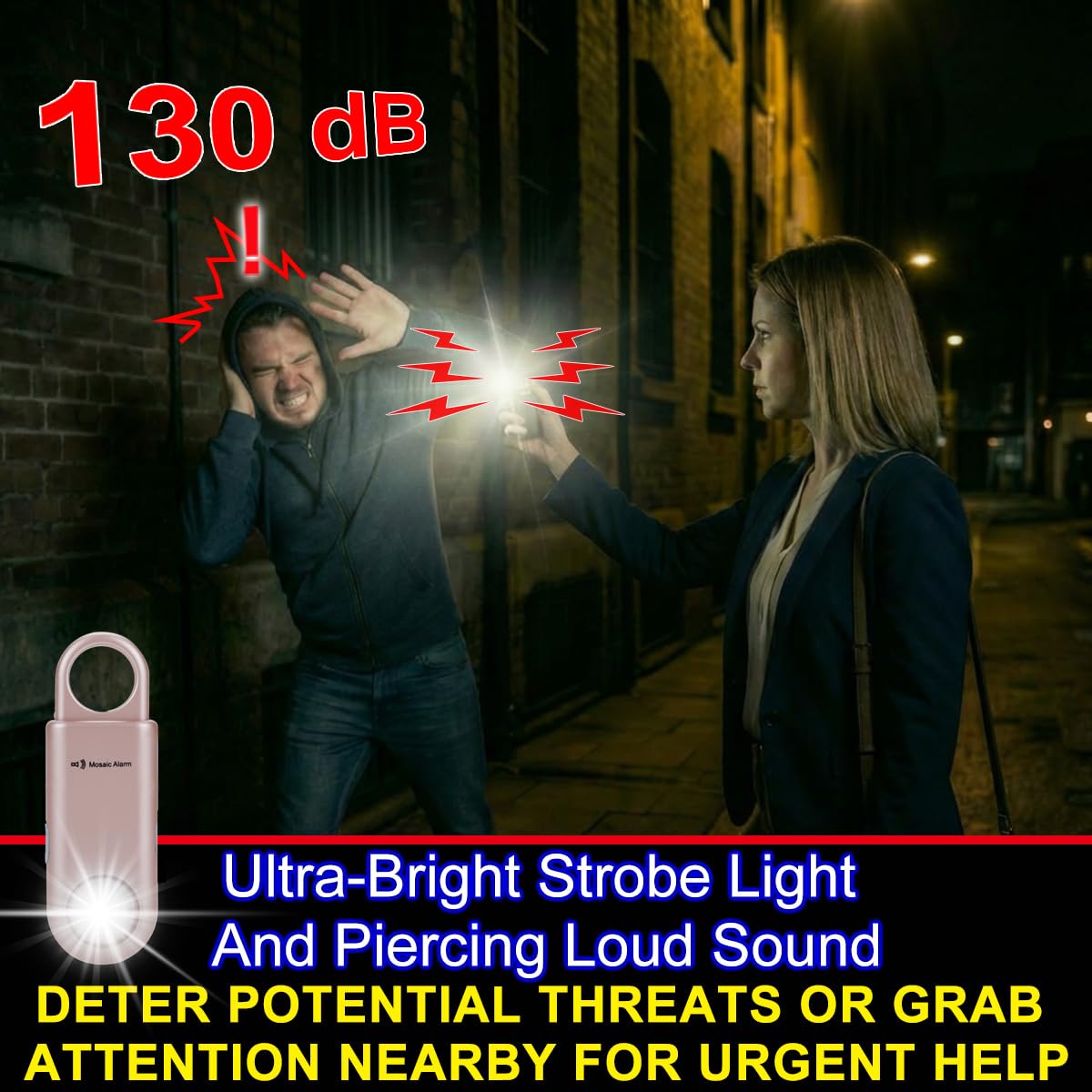 Luz estroboscópica de alarma de seguridad personal de 130 dB. Alertas de emergencia SOS de sonido fuerte con mosquetón. Llavero sirena de autodefensa para mujeres, ancianos, niños, corredores