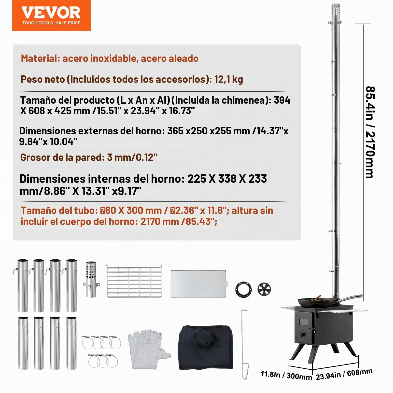 VEVOR Estufa de Leña Estufa Portátil para Tienda de Campaña de Acero de Aleación con 8 Tubos de Chimenea y Guantes Estufa Cálida para Cocinar y Calentar al Aire Libre 394 x 608 x 425 mm