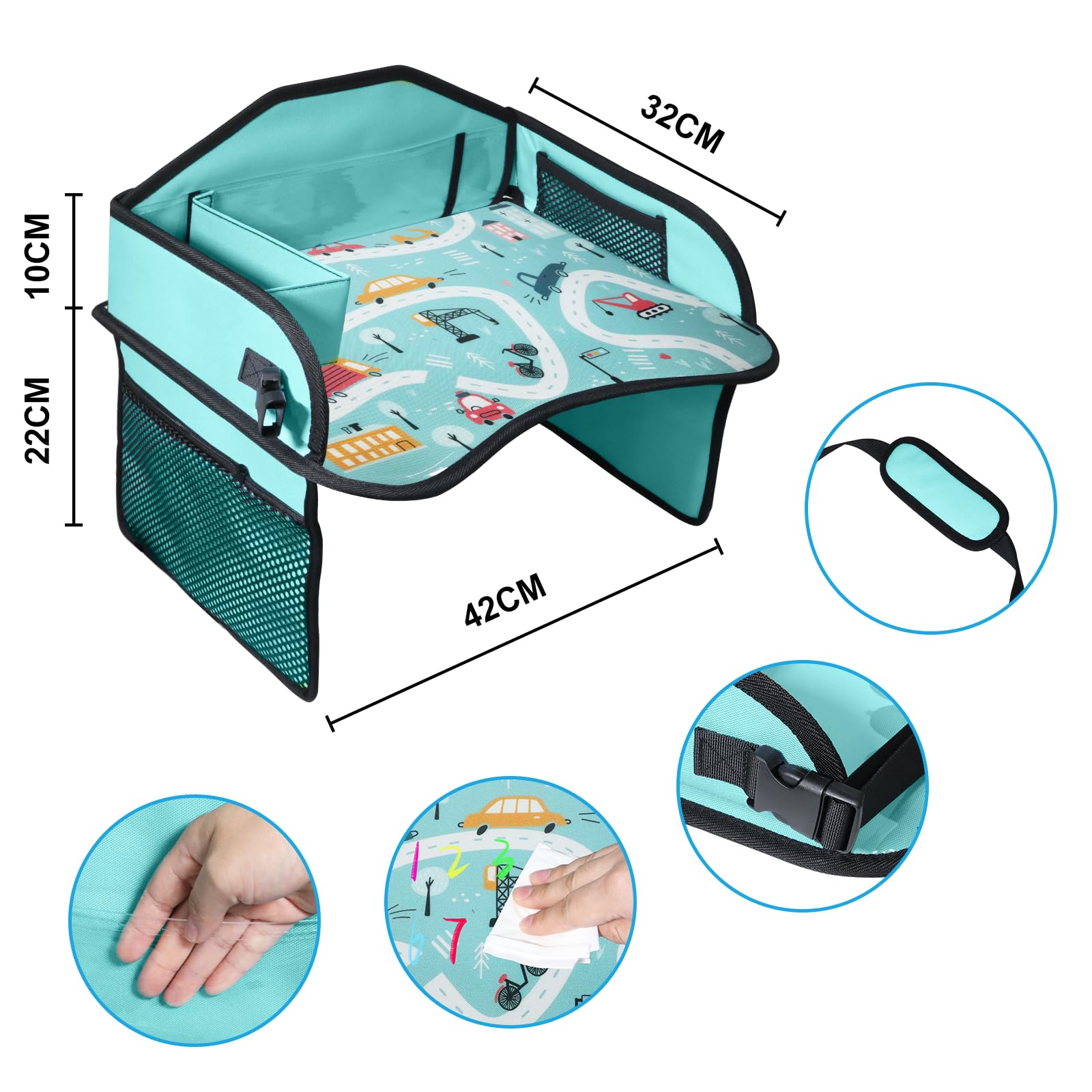 HNCY Vassoio da Viaggio, Tavolino Bambini da Seggiolino Auto con Lavagna da Disegno, Organizzatore per Seggiolino Auto con Scomparti Multiuso, Kids Travel Tray Facile da Pulire (Auto)