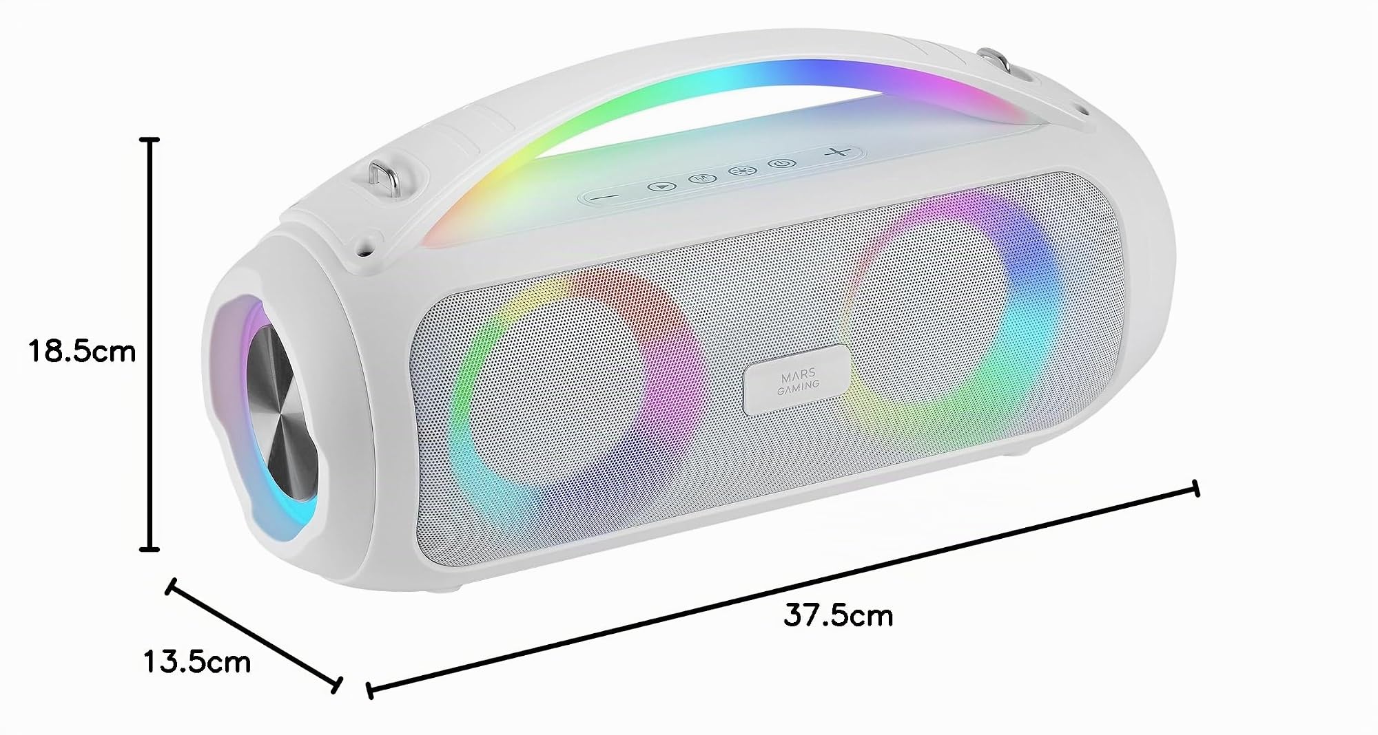 MARSGAMING MS-PULSE, Altoparlante Bluetooth Portatile 50W RMS, Illuminazione RGB, 2 Driver Attivi 93mm + 2 Driver Passivi Ultra-Bass, Vivavoce, USB/MicroSD/AUX/FM, Maniglia e Tracolla, Bianco