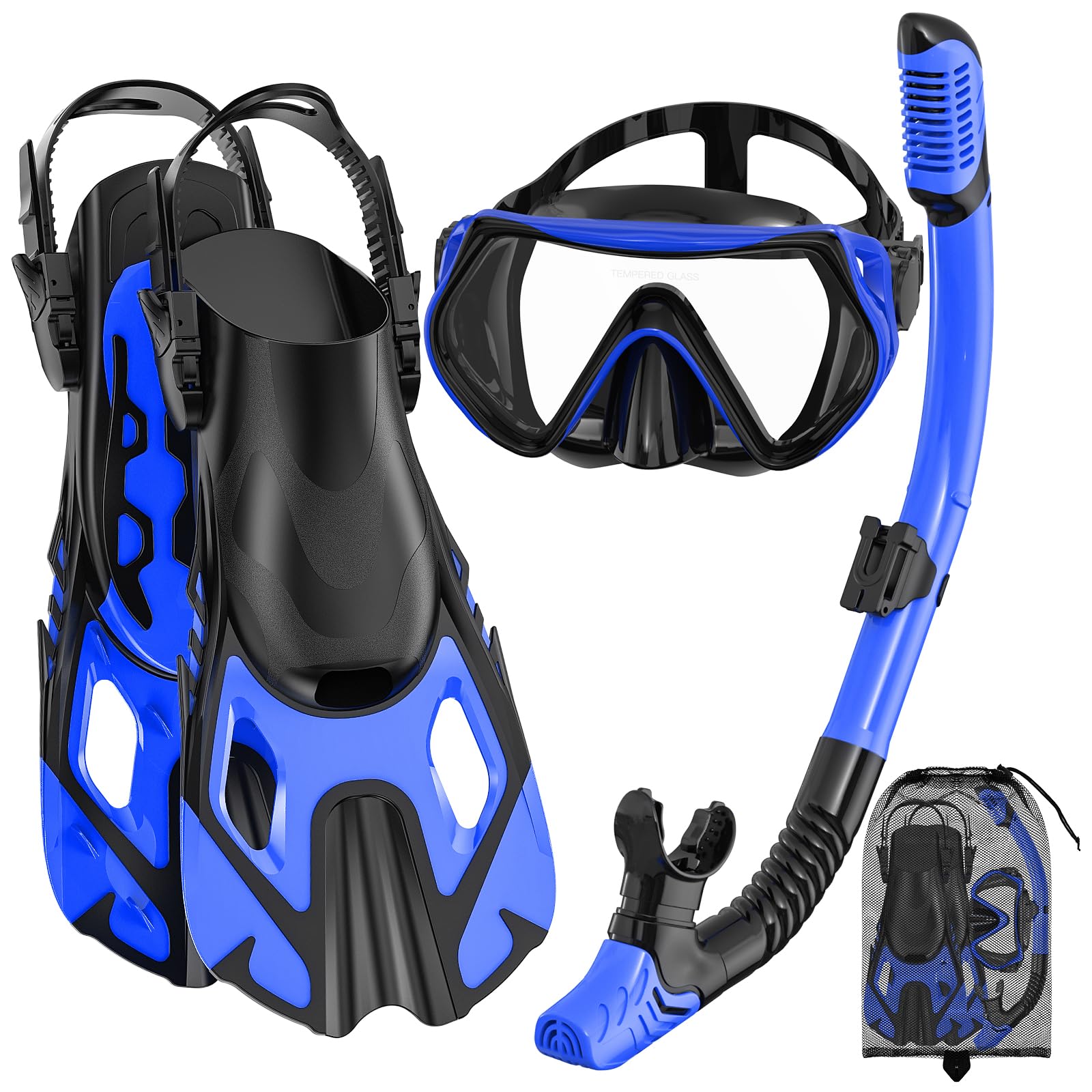 Snorkeling Gear for Adults, Mask Fin Snorkel Set, Dry Top Snorkel, Snorkeling Kit Travel Diving Package, Panoramic View Anti-Fog Anti-Leak, Blue, Large