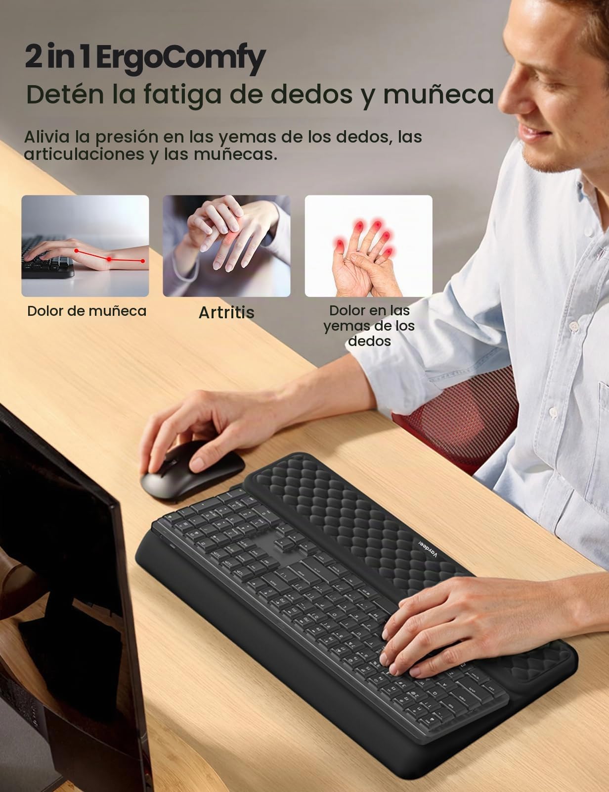 VAYDEER Reposamuñecas Ergonómico para Teclado – Soporte 2 en 1 con Elevador y Almohadilla de Espuma Viscoelástica, Base Antideslizante, Ideal para Oficina, Portátil y Gaming – Negro
